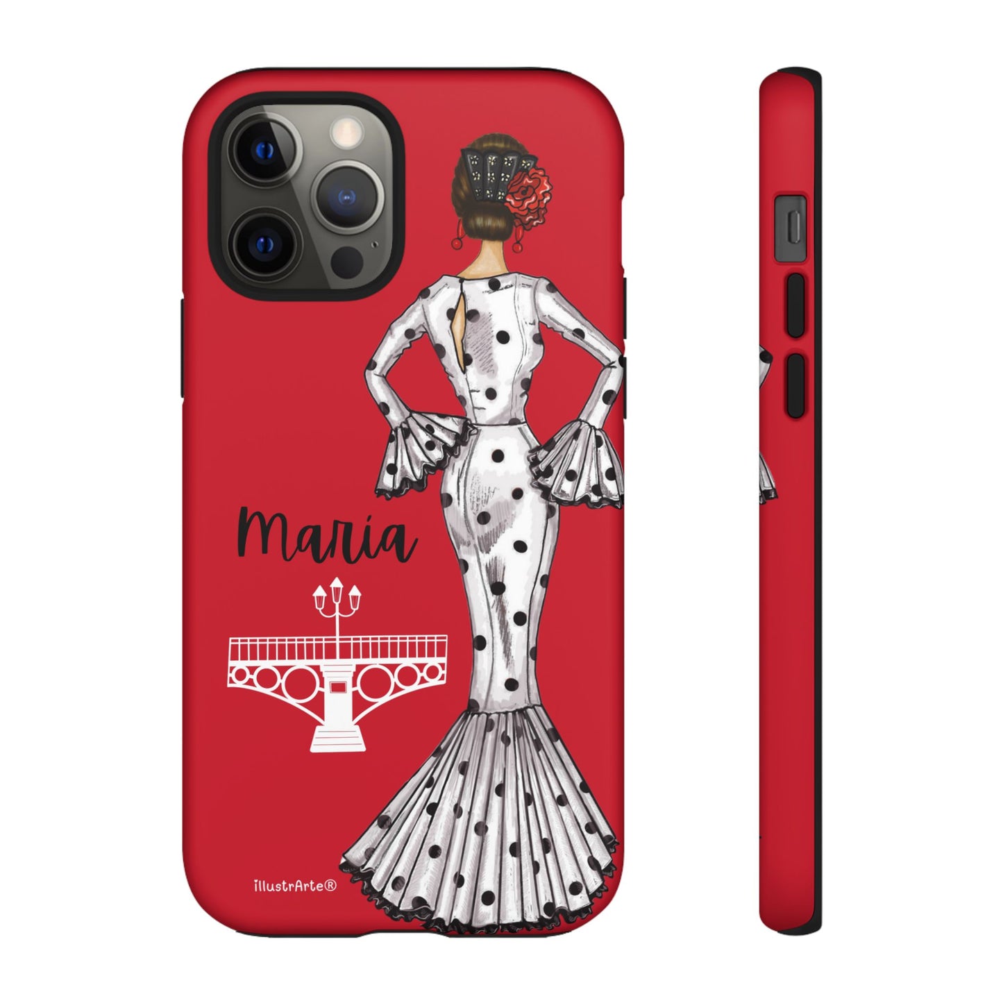 Funda de teléfono personalizable con nombre y imagen de flamenca María con Puente de Triana, perfecta para iPhone, Samsung y Google Pixel.