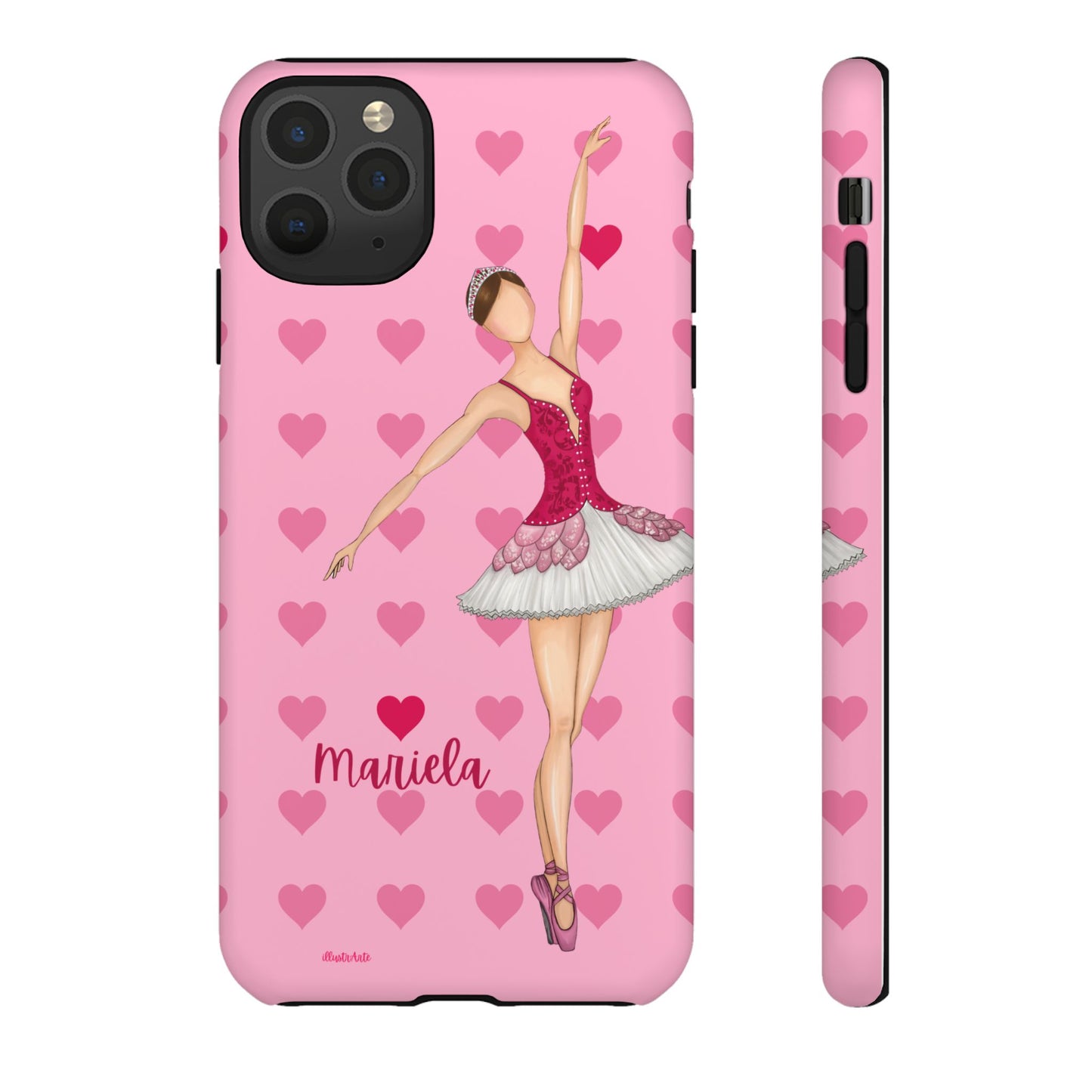 una funda de teléfono rosa con una bailarina en ella