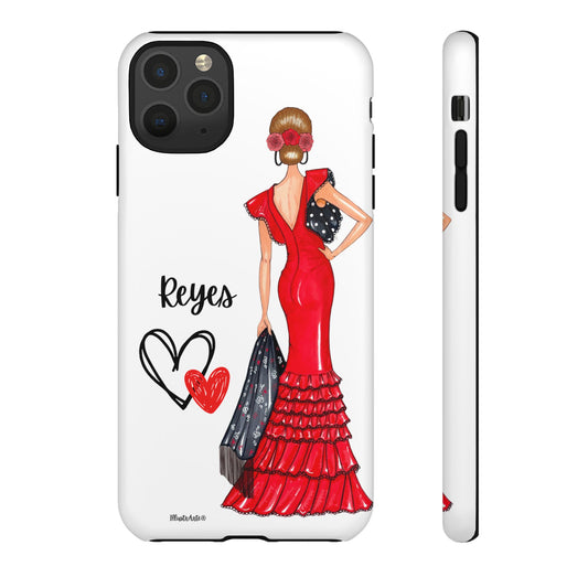 una funda de teléfono con una mujer en un vestido rojo