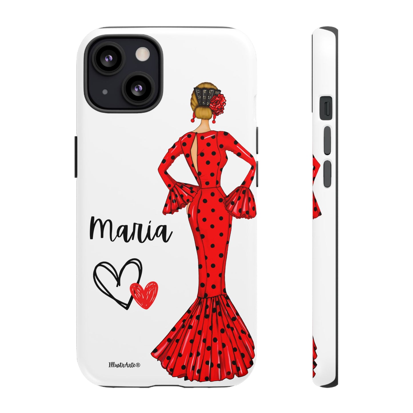 una funda de teléfono con una mujer en un vestido rojo