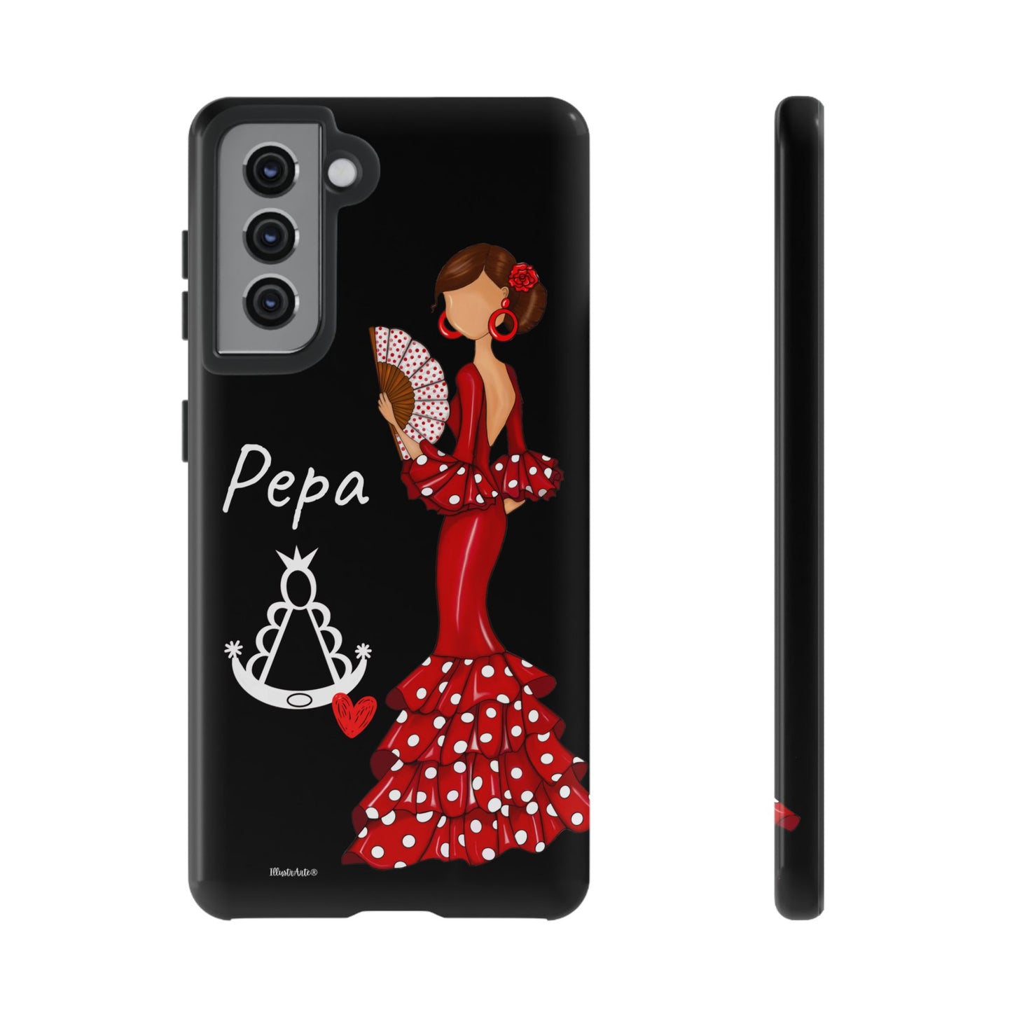 una funda de teléfono con una mujer en un vestido rojo