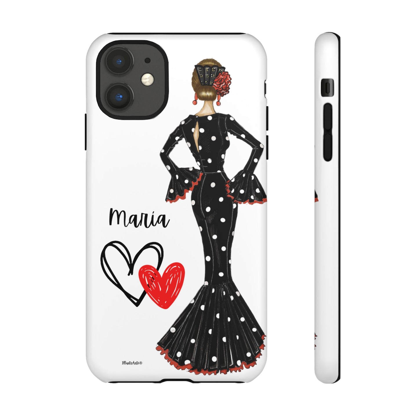 una funda para teléfono con una mujer en un vestido