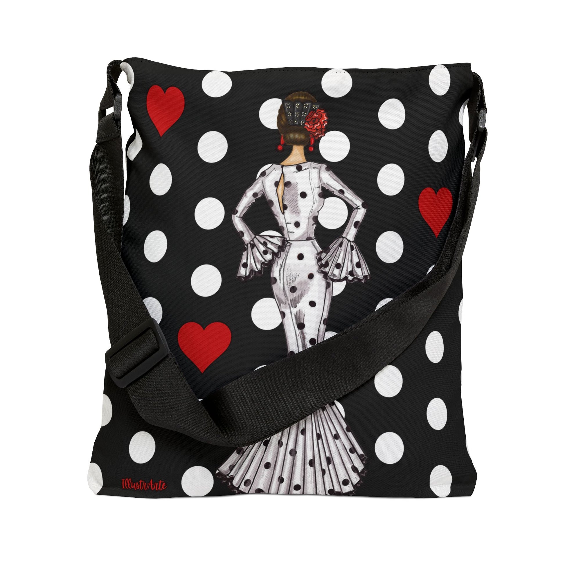 a black and white polka dot purse with a lady on it