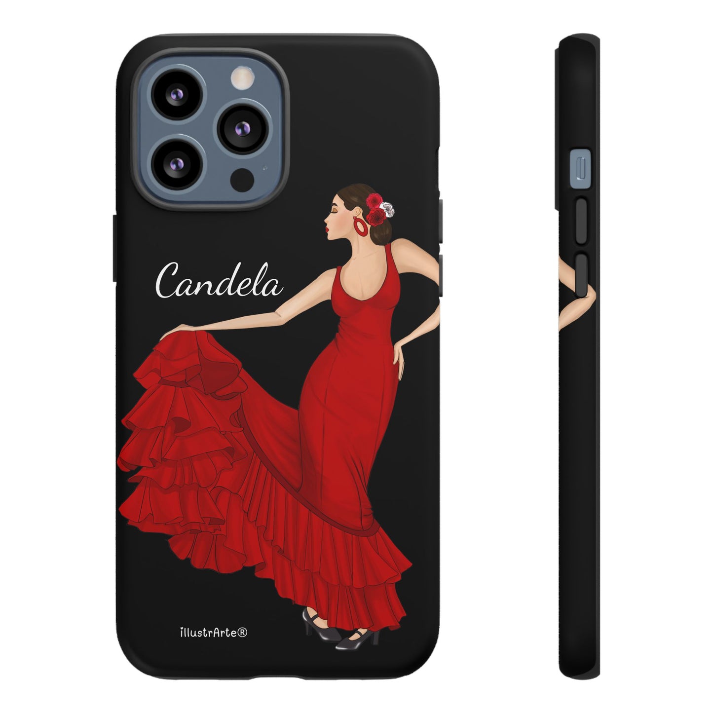 Capa de telefone personalizável. Modelo Candela com fundo preto. Para iPhone, Samsung Galaxy S e Google Pixel. 