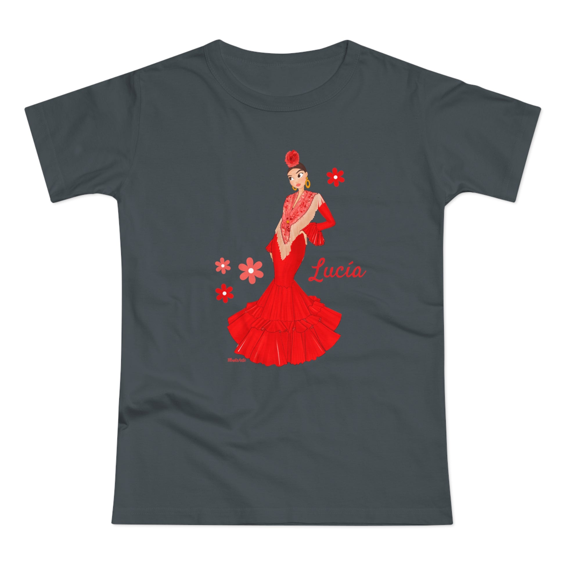 a t - shirt with a woman in a red dress