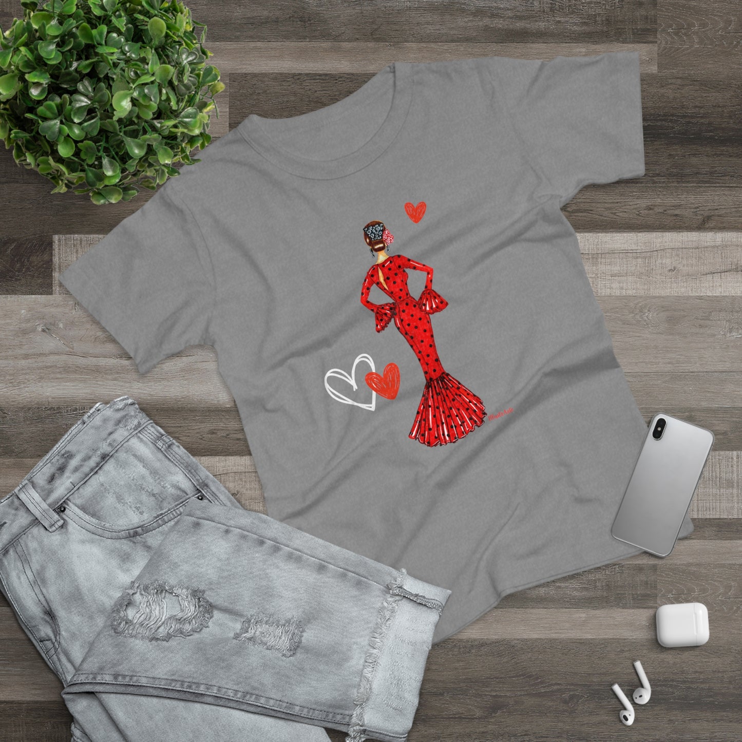 a t - shirt with a picture of a woman in a red dress