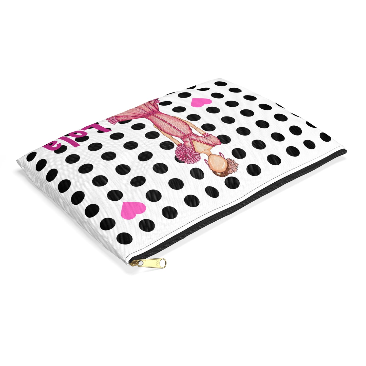 Flamenco Dancer Customizable Washbag, pink dress and pink hearts on a black polka dot design. - IllustrArte