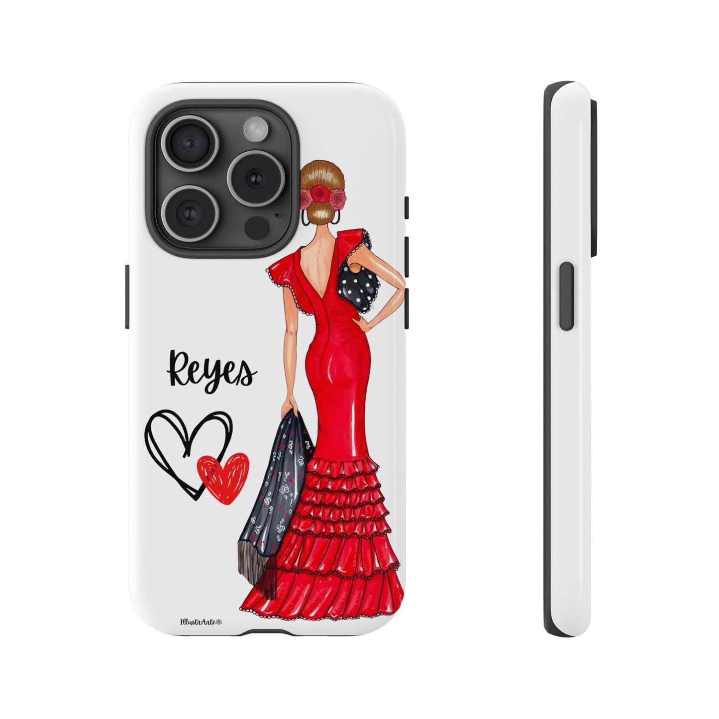 una funda de teléfono con una mujer en un vestido rojo