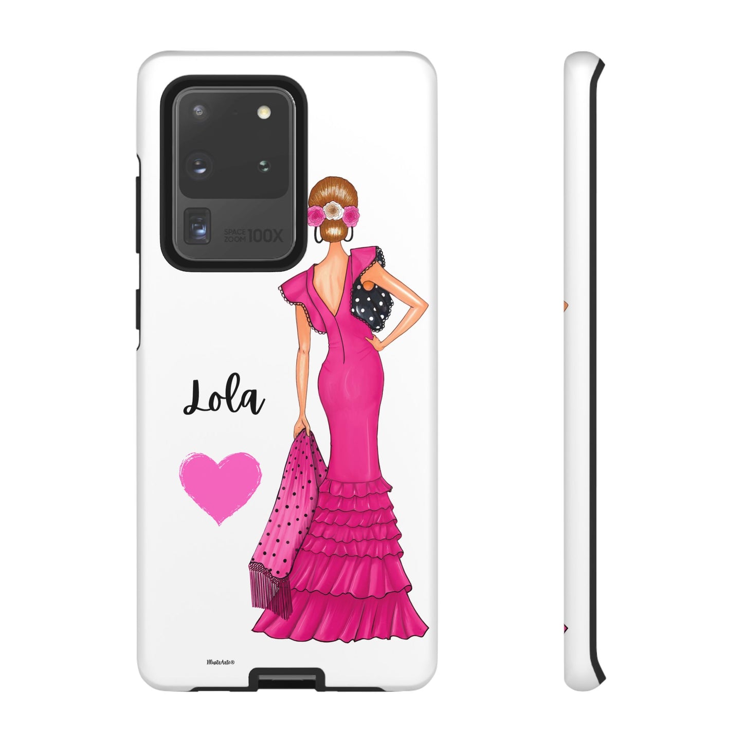 una funda para teléfono con una mujer en un vestido rosa