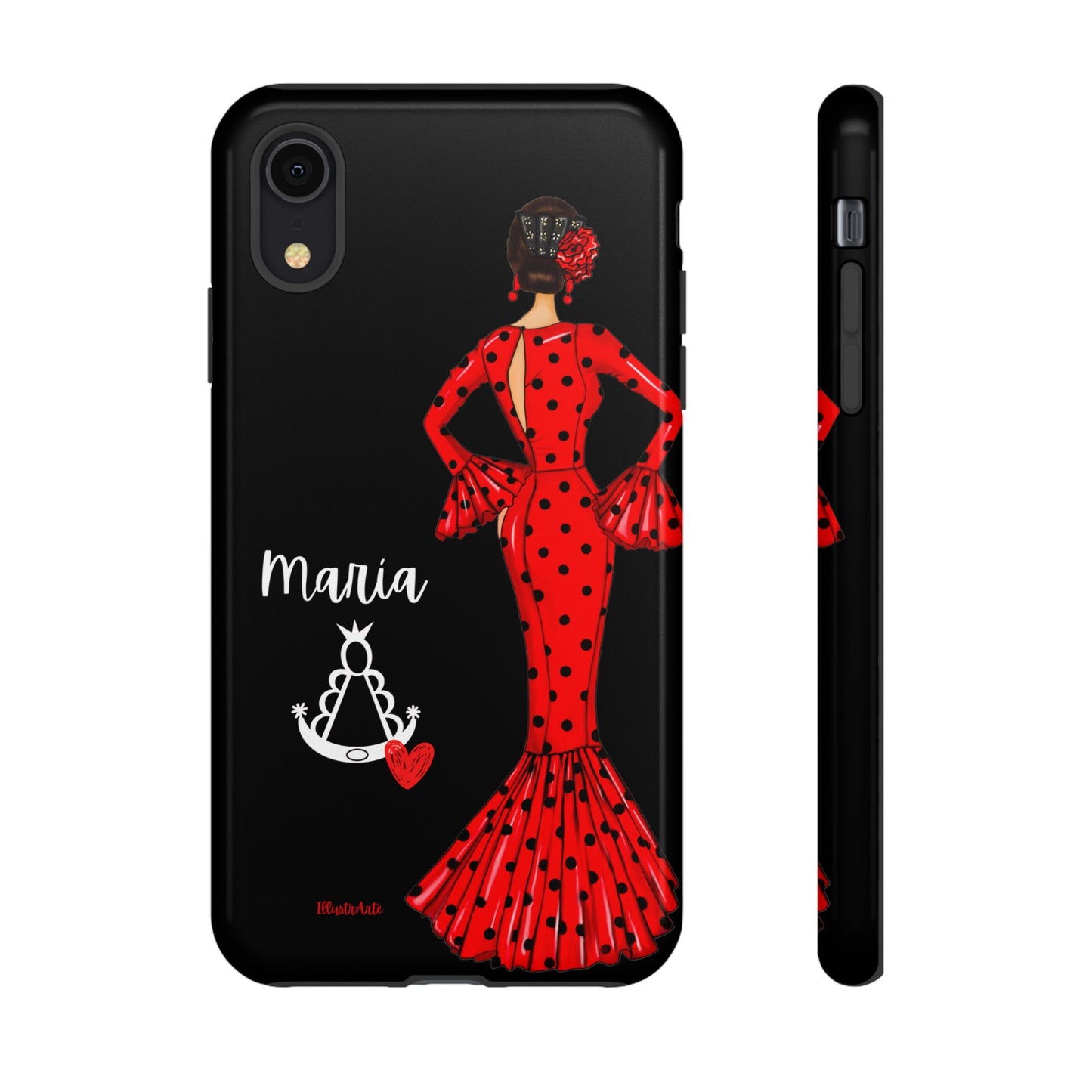 una funda de teléfono con una mujer en un vestido rojo