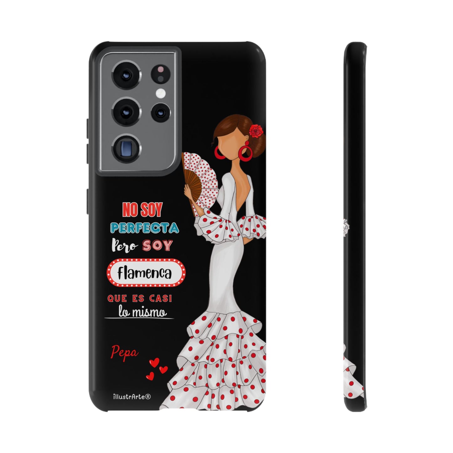 Funda de teléfono personalizable Pepa vestido blanco con frase – para iPhone, Samsung, Pixel