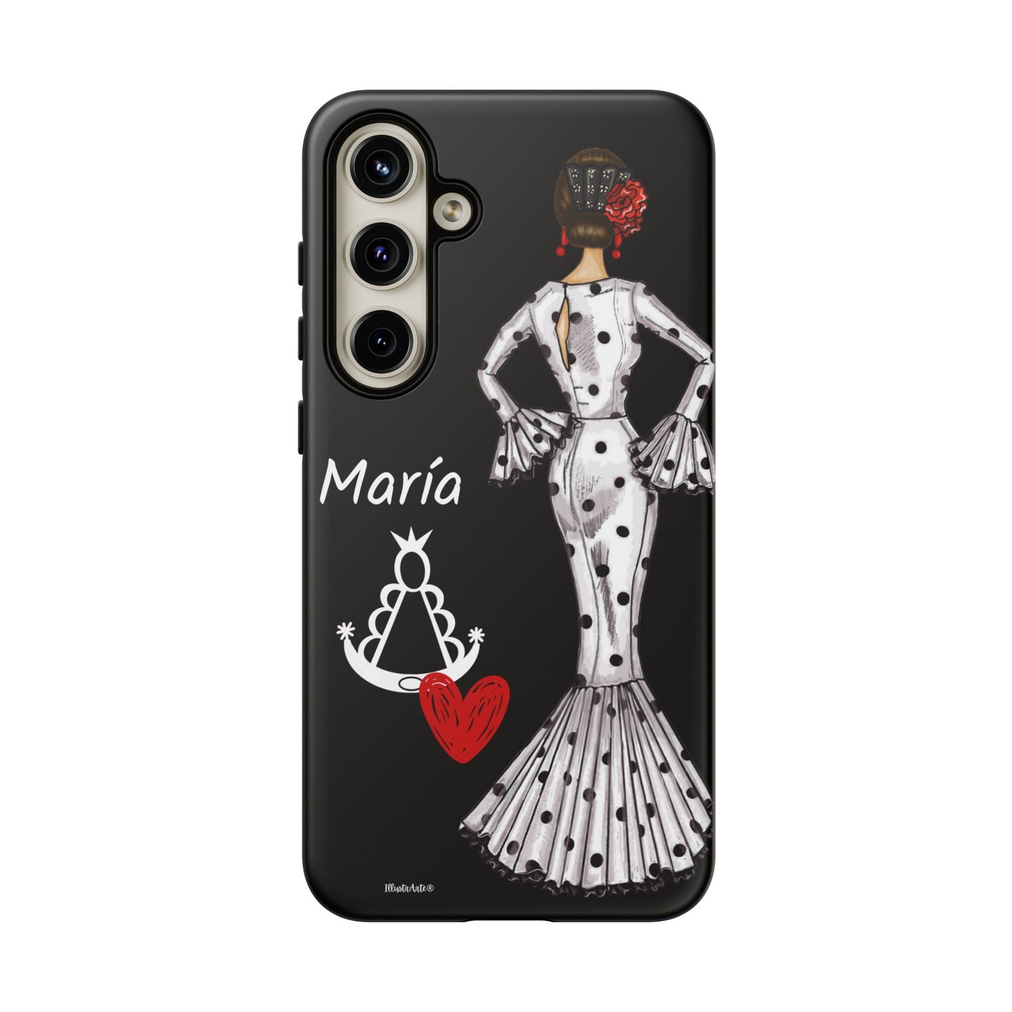 una funda de teléfono con una mujer en un vestido y un corazón