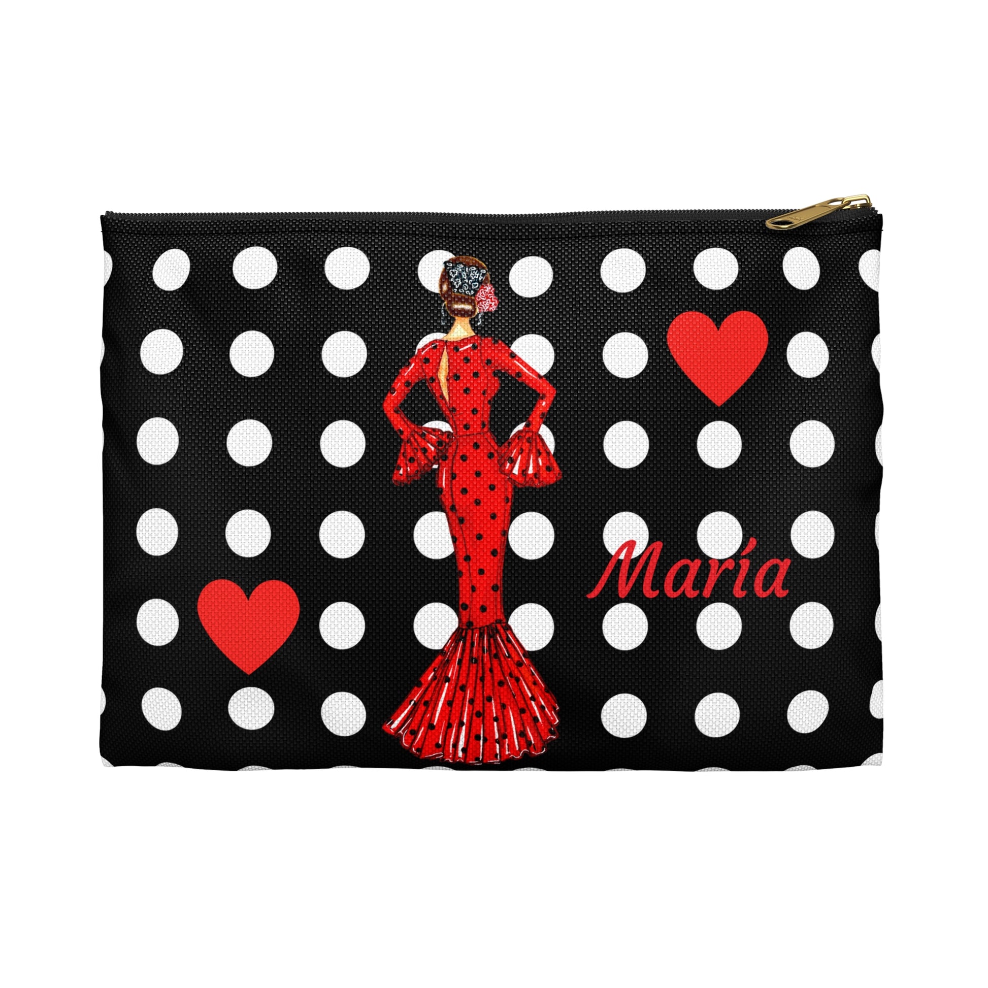 a black and white polka dot bag with a lady in a red dress