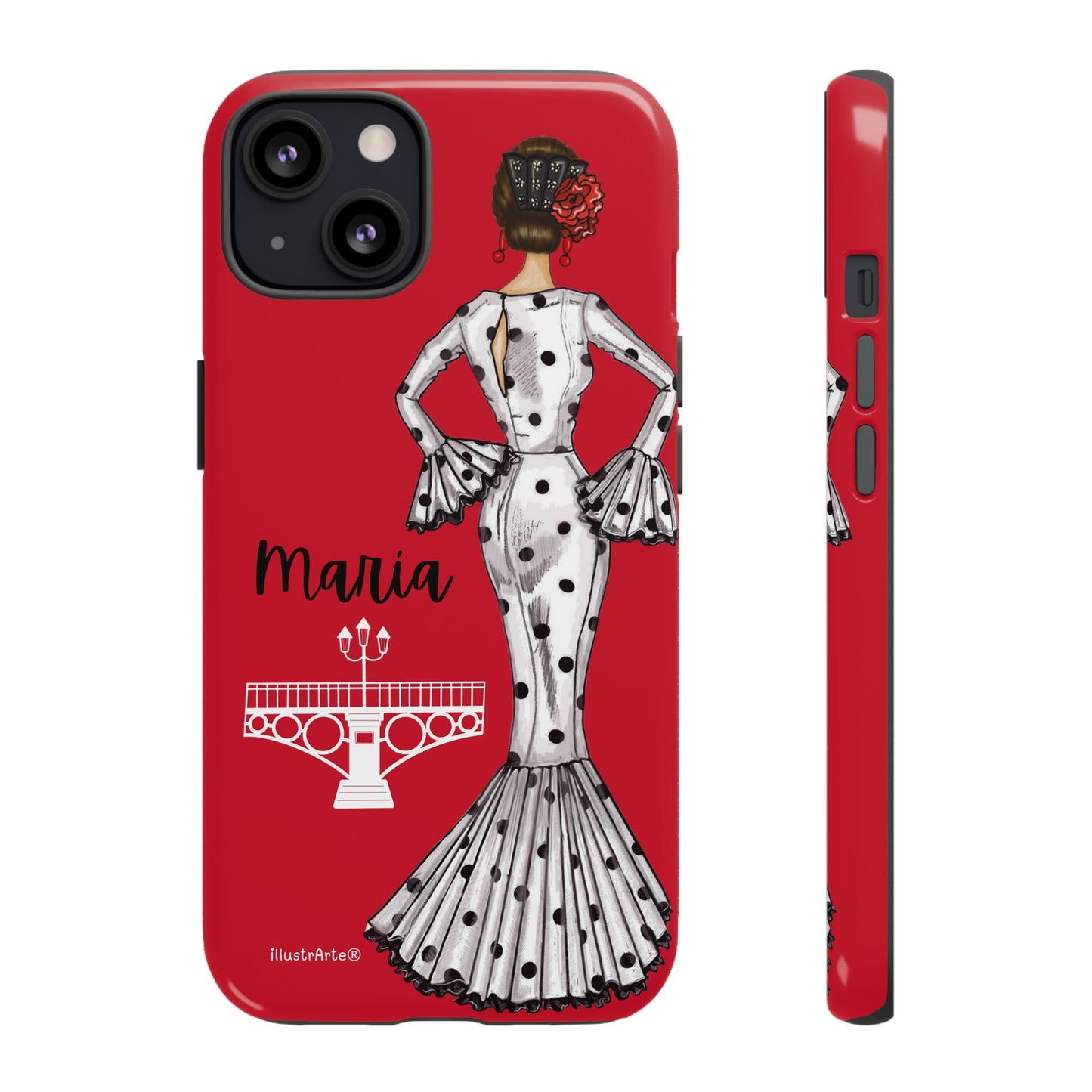 Vista lateral de la funda de teléfono personalizable con diseño de flamenca María, ideal para iPhone y Google Pixel.