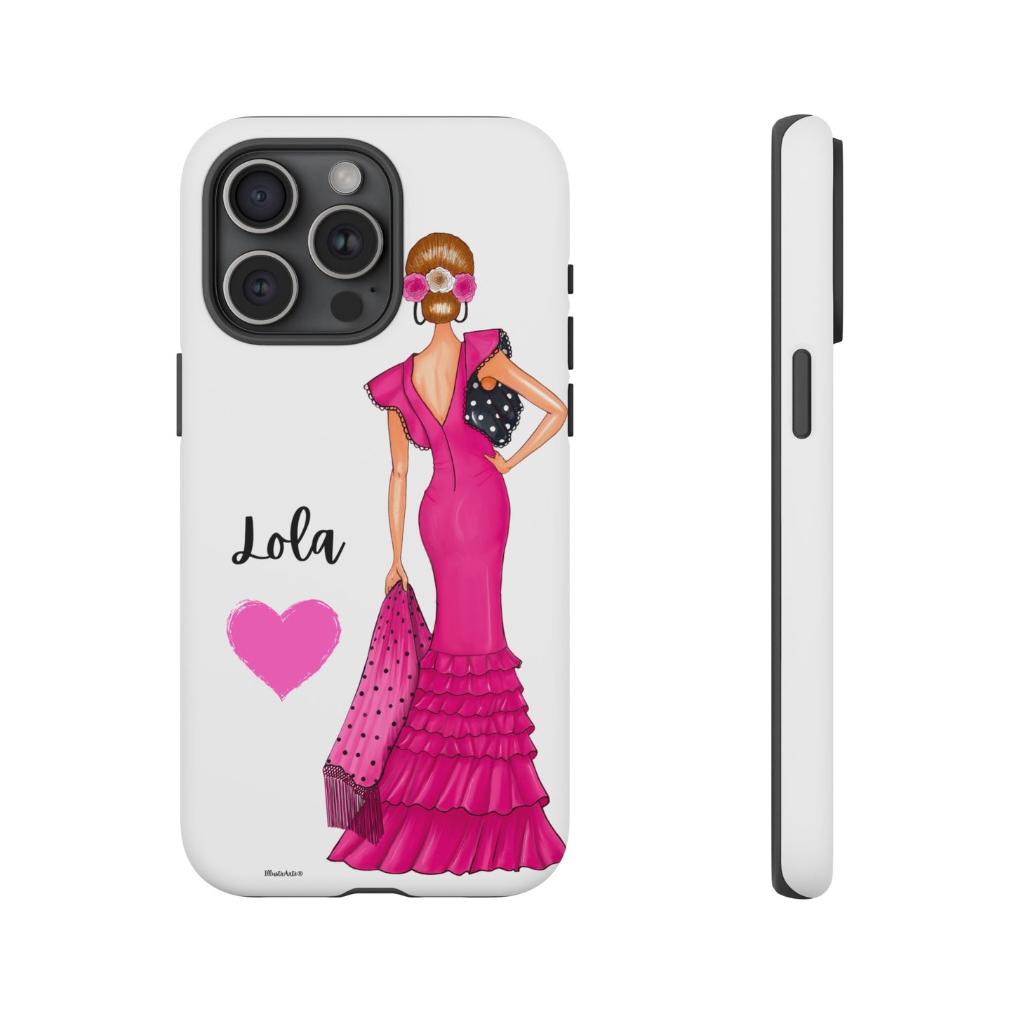 una funda para teléfono con una mujer en un vestido rosa