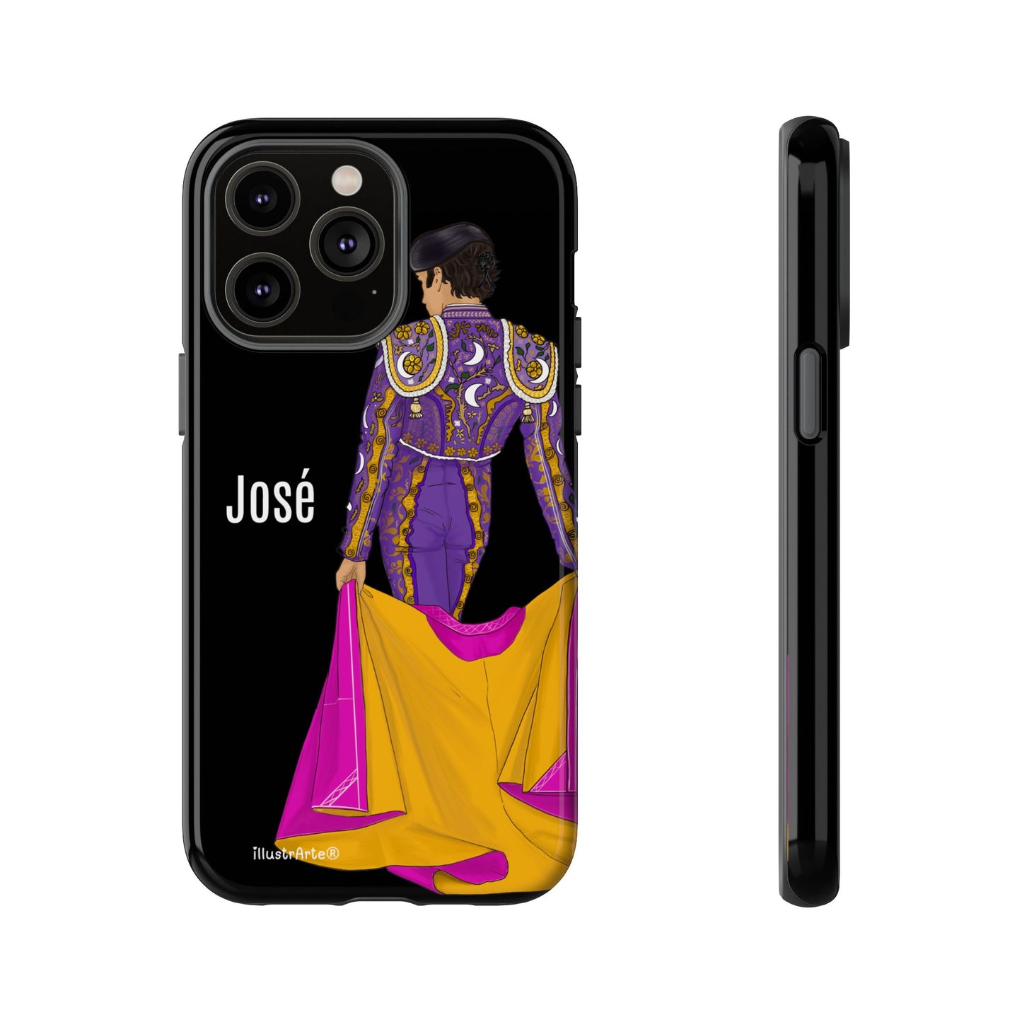 Personalized phone case featuring bullfighter José on a green background – for iPhone, Samsung, Pixel