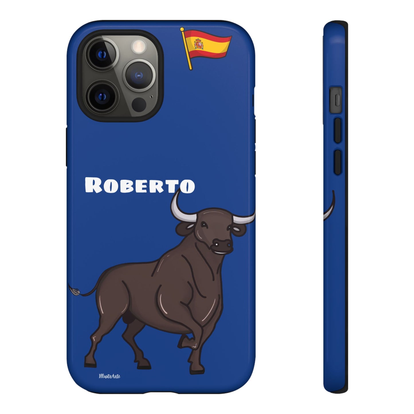 Funda de teléfono personalizable con nombre/bandera/Virgen - Modelo Toro Roberto, mostrando su diseño vibrante y cultural.