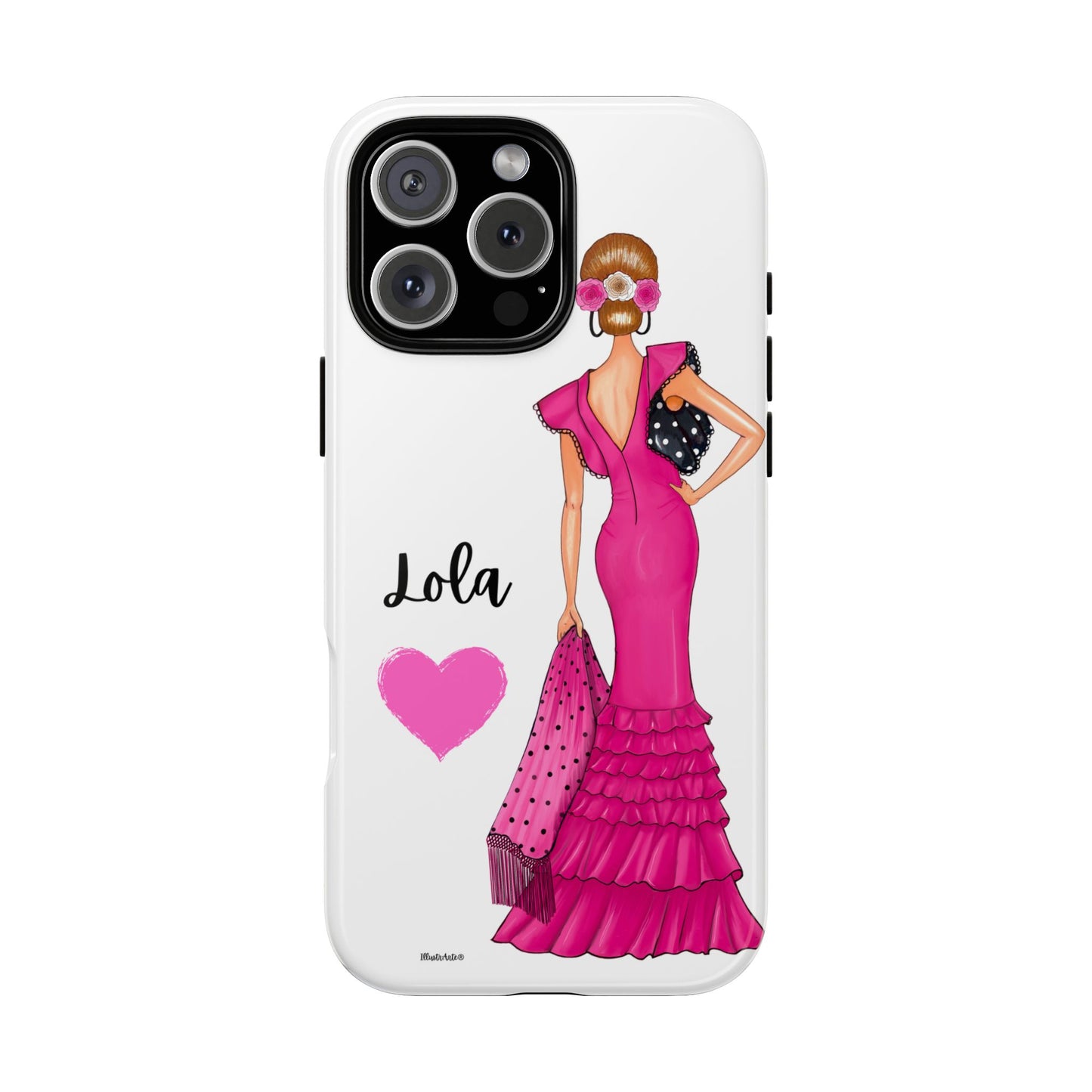 una funda para teléfono con una mujer en un vestido rosa