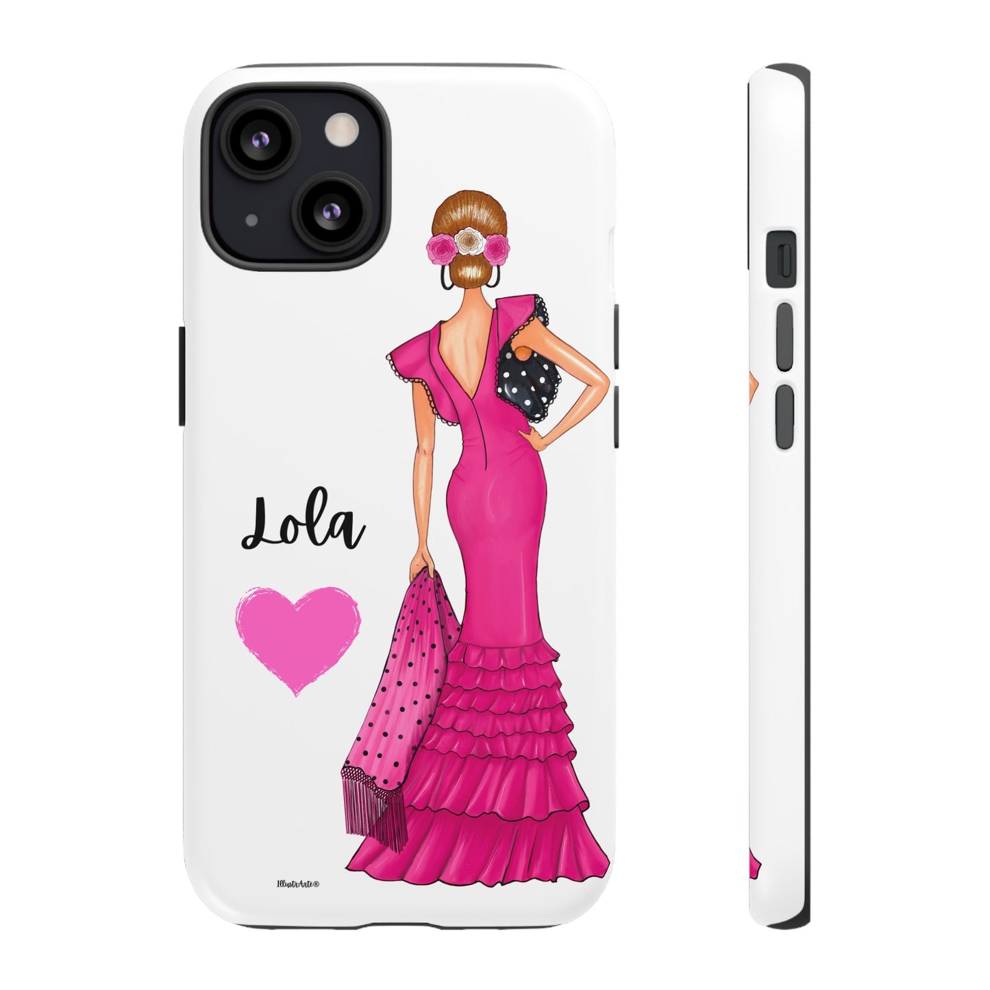 una funda para teléfono con una mujer en un vestido rosa