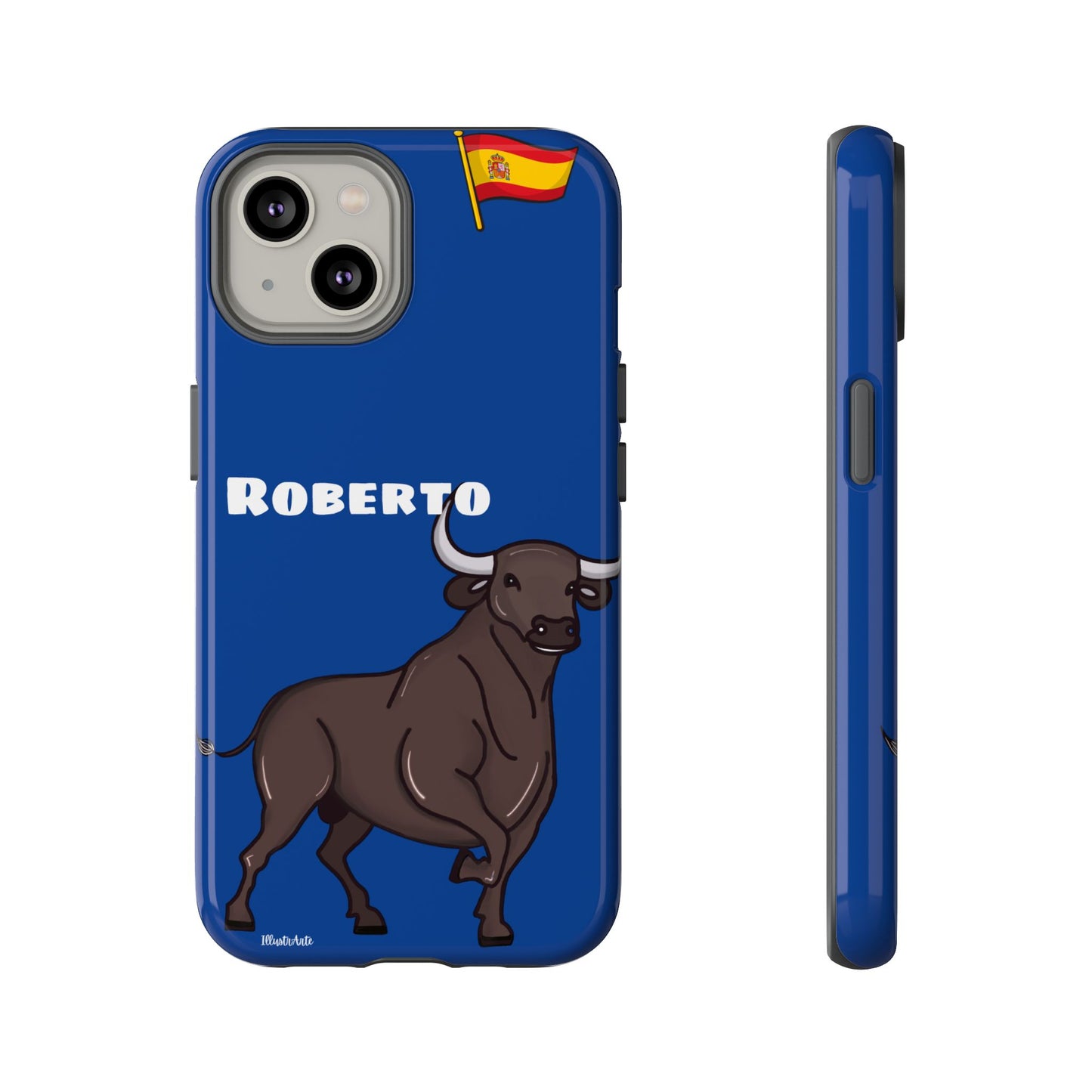 Funda de teléfono personalizable con nombre/bandera/Virgen - Modelo Toro Roberto, fusionando cultura y estilo.