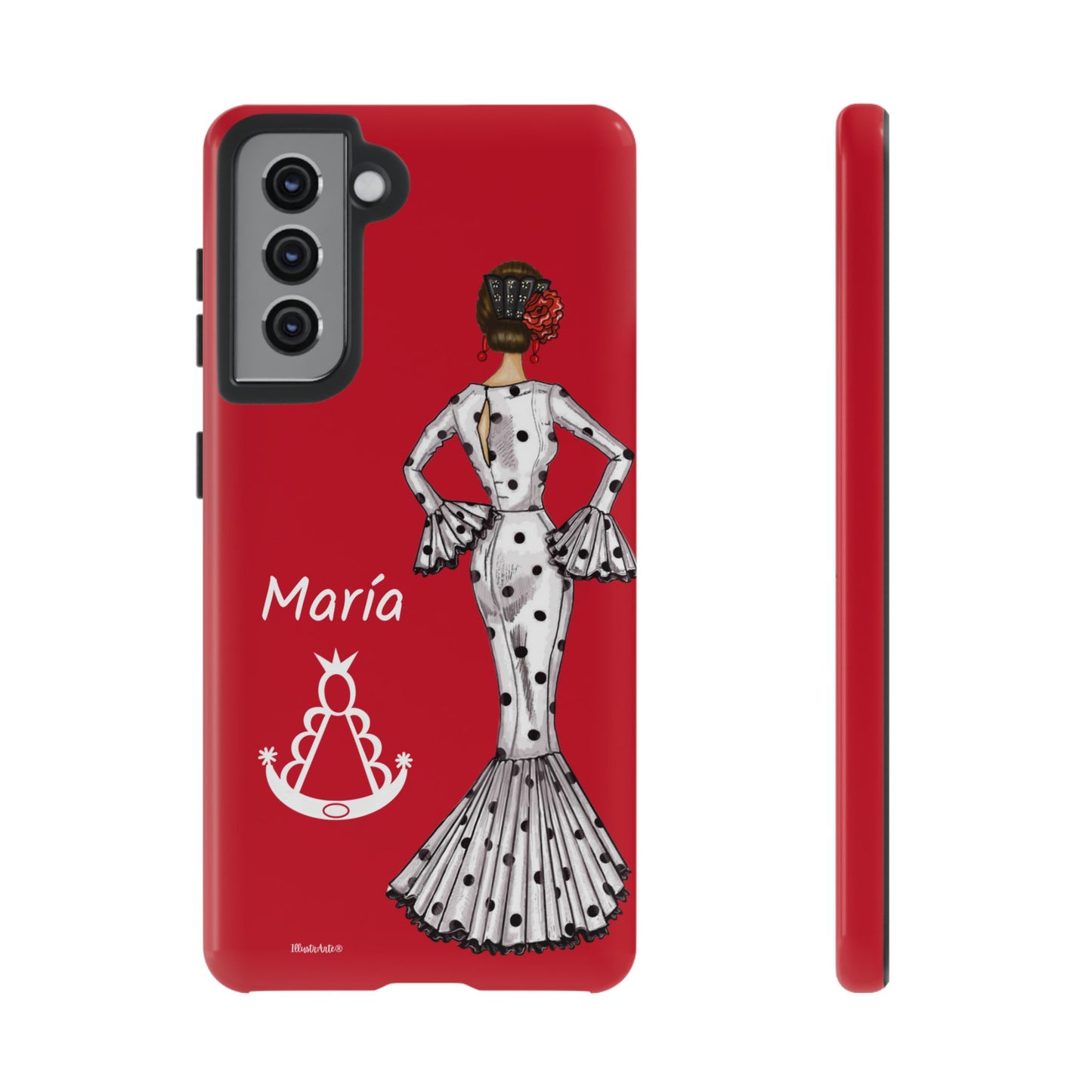 una funda de teléfono roja con una imagen de una mujer en un vestido