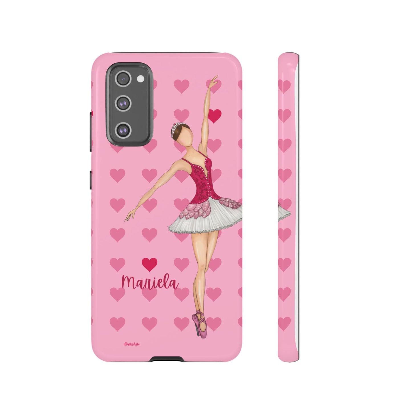 una funda de teléfono rosa con una bailarina en ella