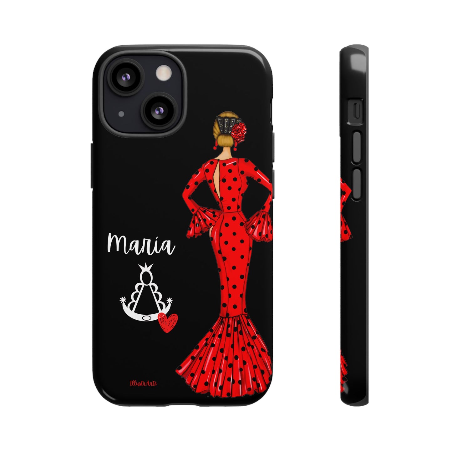 una funda de teléfono con una mujer en un vestido rojo