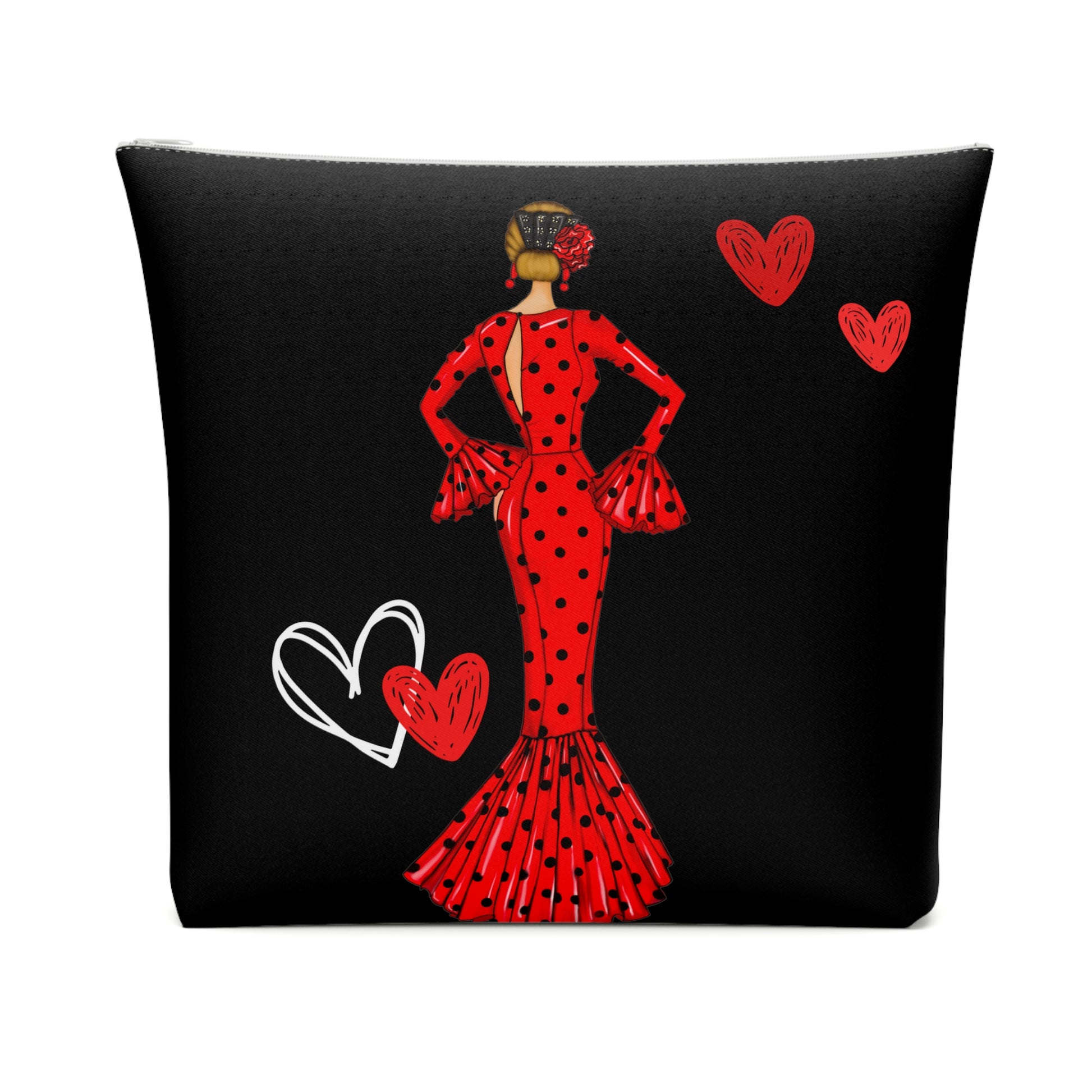 a woman in a red dress with hearts on a black background