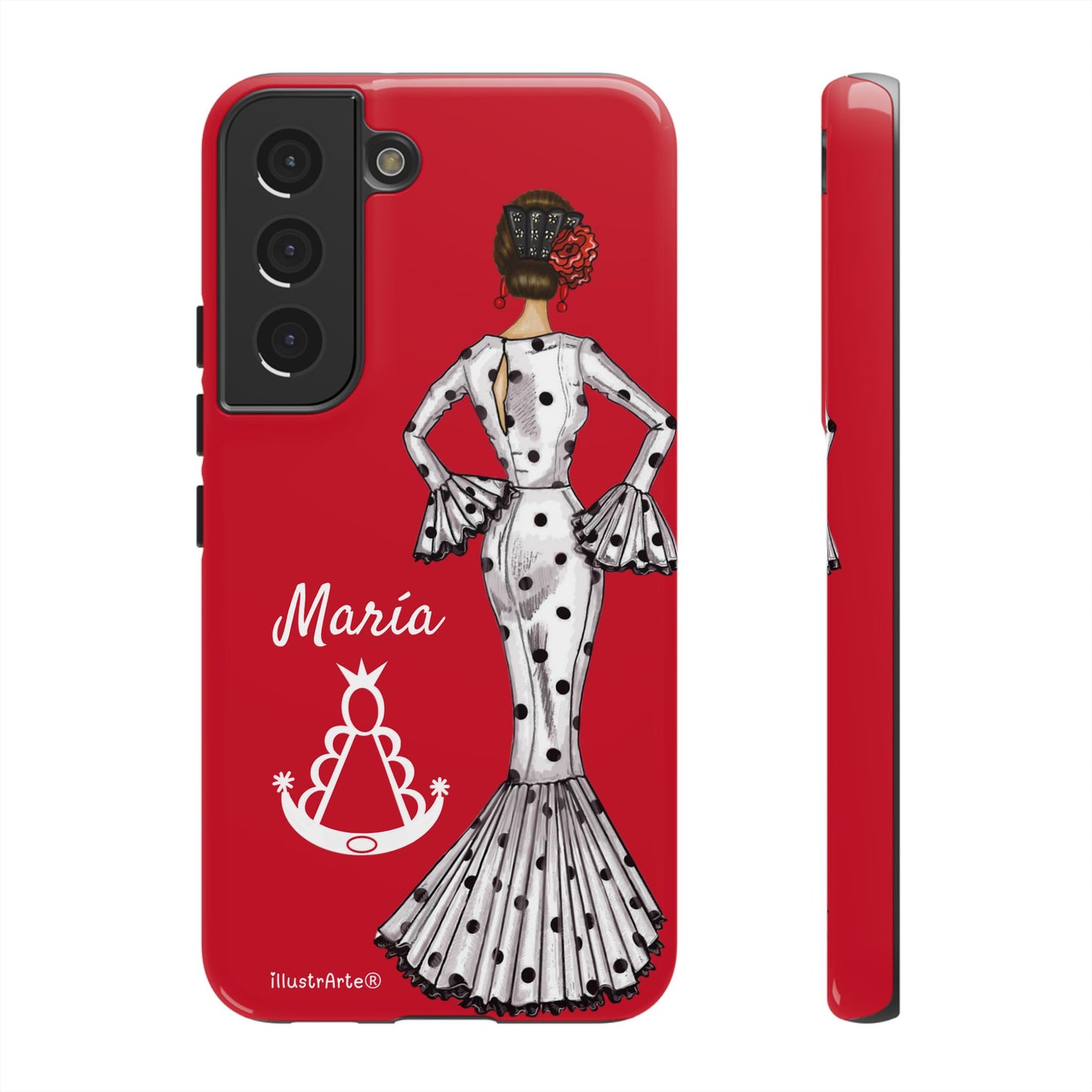 Capa de telefone personalizável com nome/bandeira/Virgem - modelo White Mary com Virgen del Rocío para iPhone, Samsung e Google Pixel