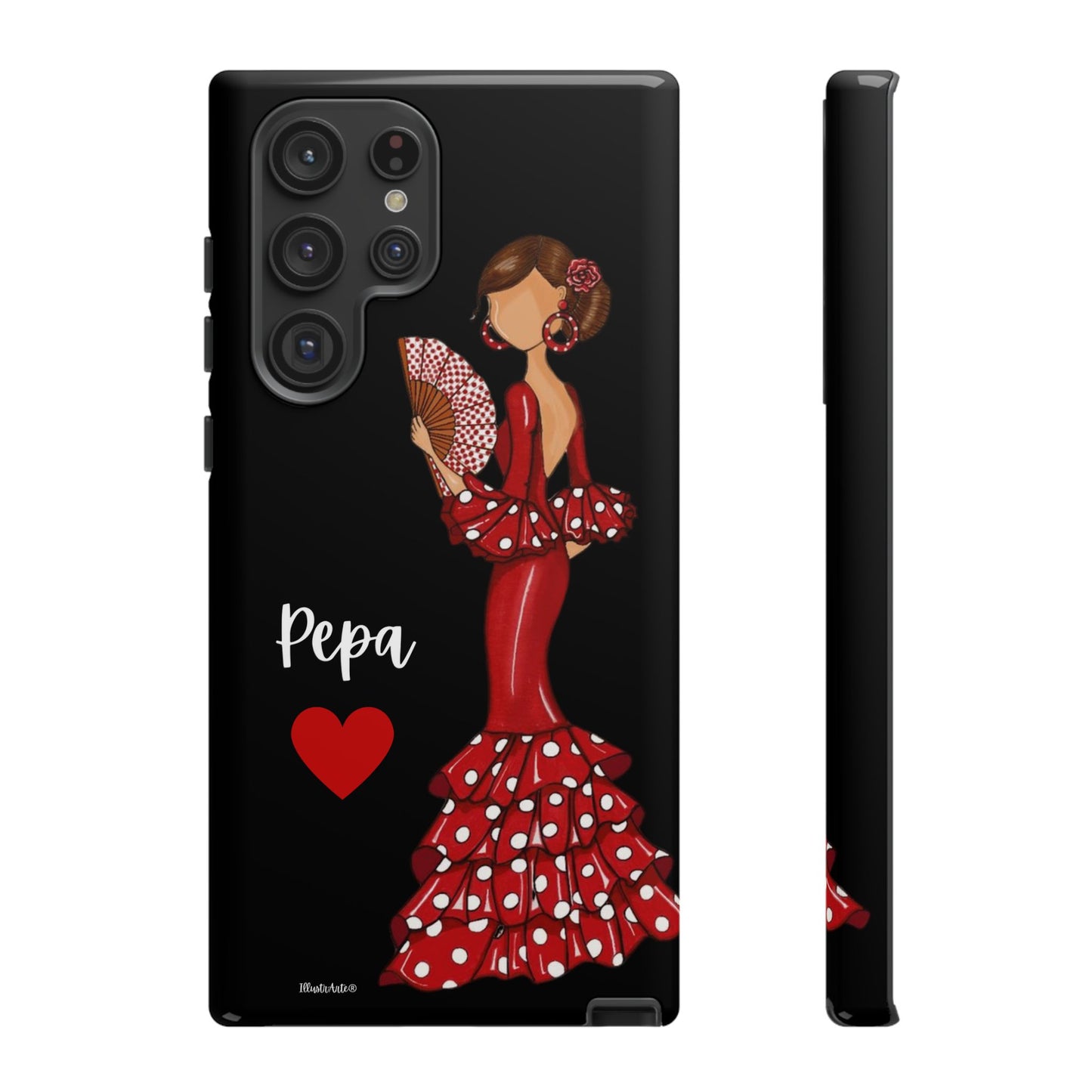 una funda de teléfono con una mujer en un vestido rojo sosteniendo un abanico