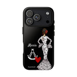 Personalised phone case flamenco dancer María Blanco, with the Virgen del Rocío for iPhone 17 Pro, gloss finish – illustrArte