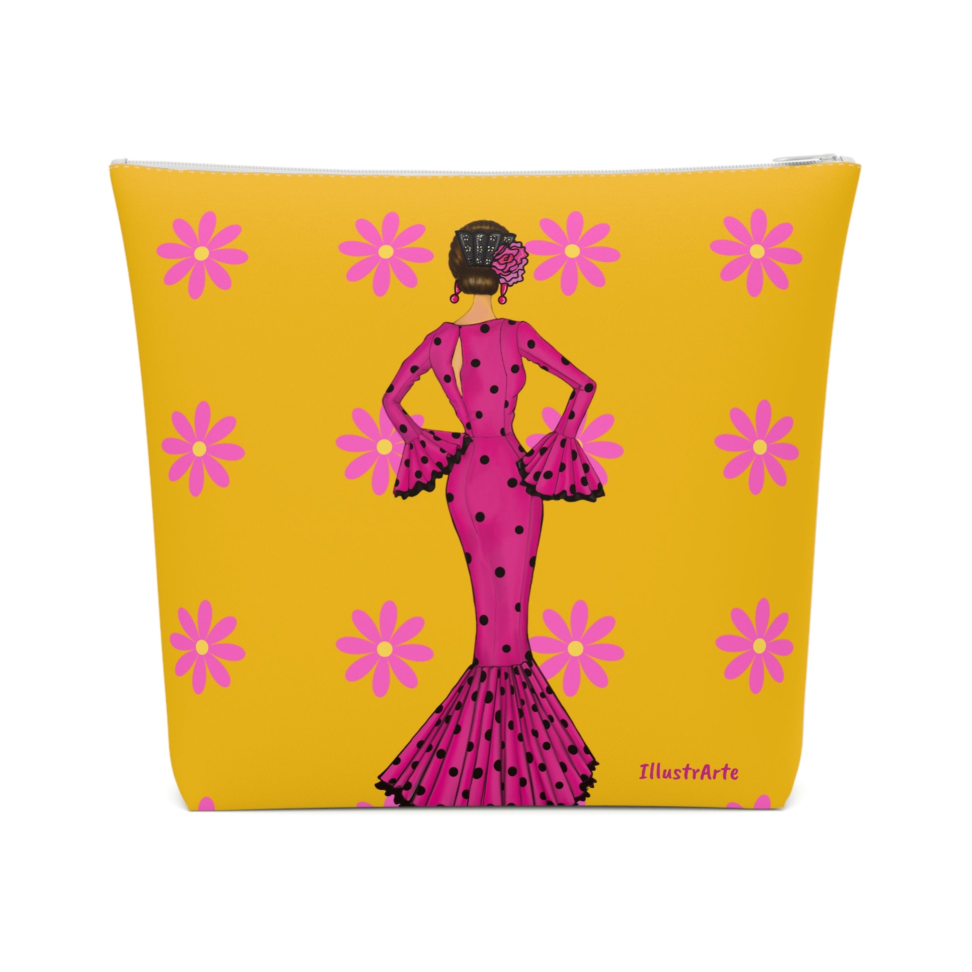 a yellow and pink purse with a picture of a woman in a pink dress