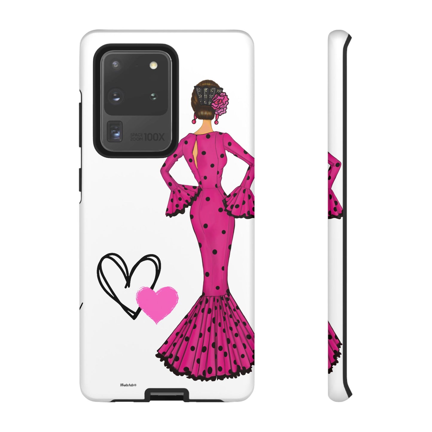 una funda de teléfono con una mujer en un vestido rosa