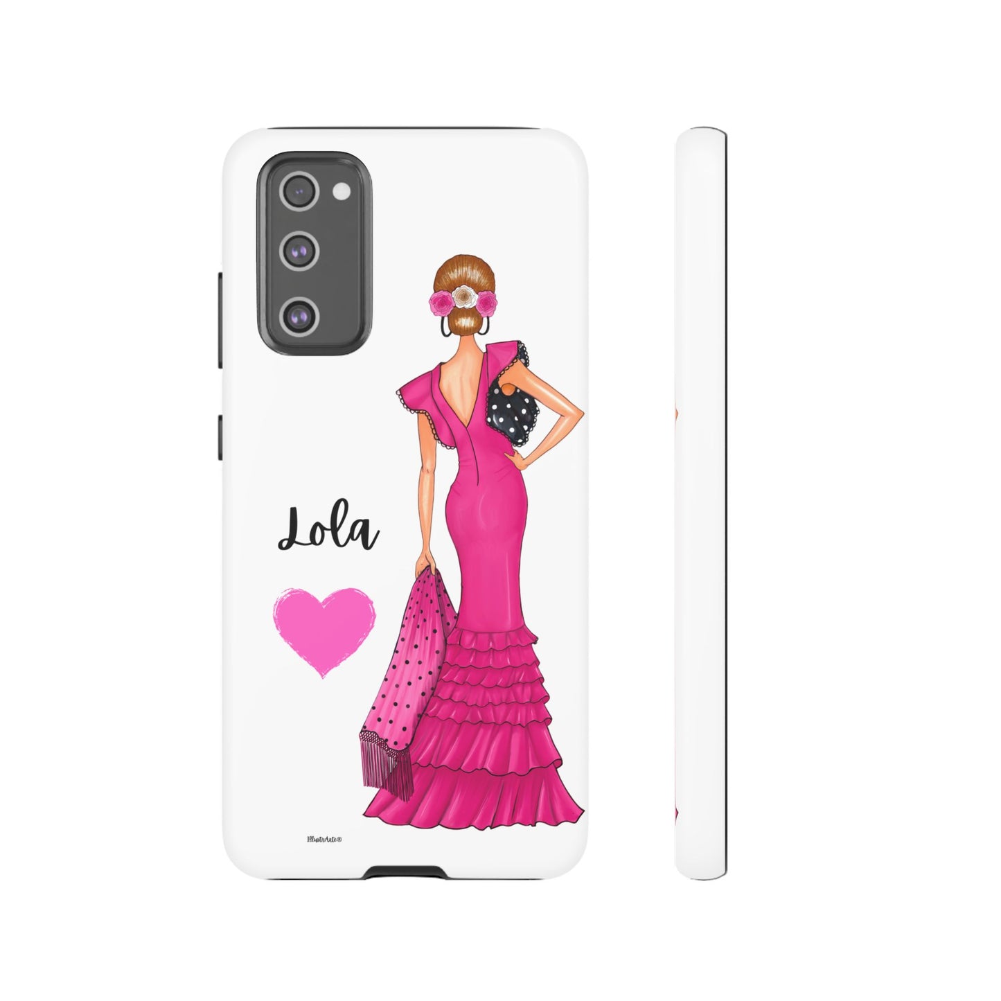 Funda de teléfono personalizable con nombre/bandera/Virgen - Modelo Manuela vestido rosa en un marco atractivo.