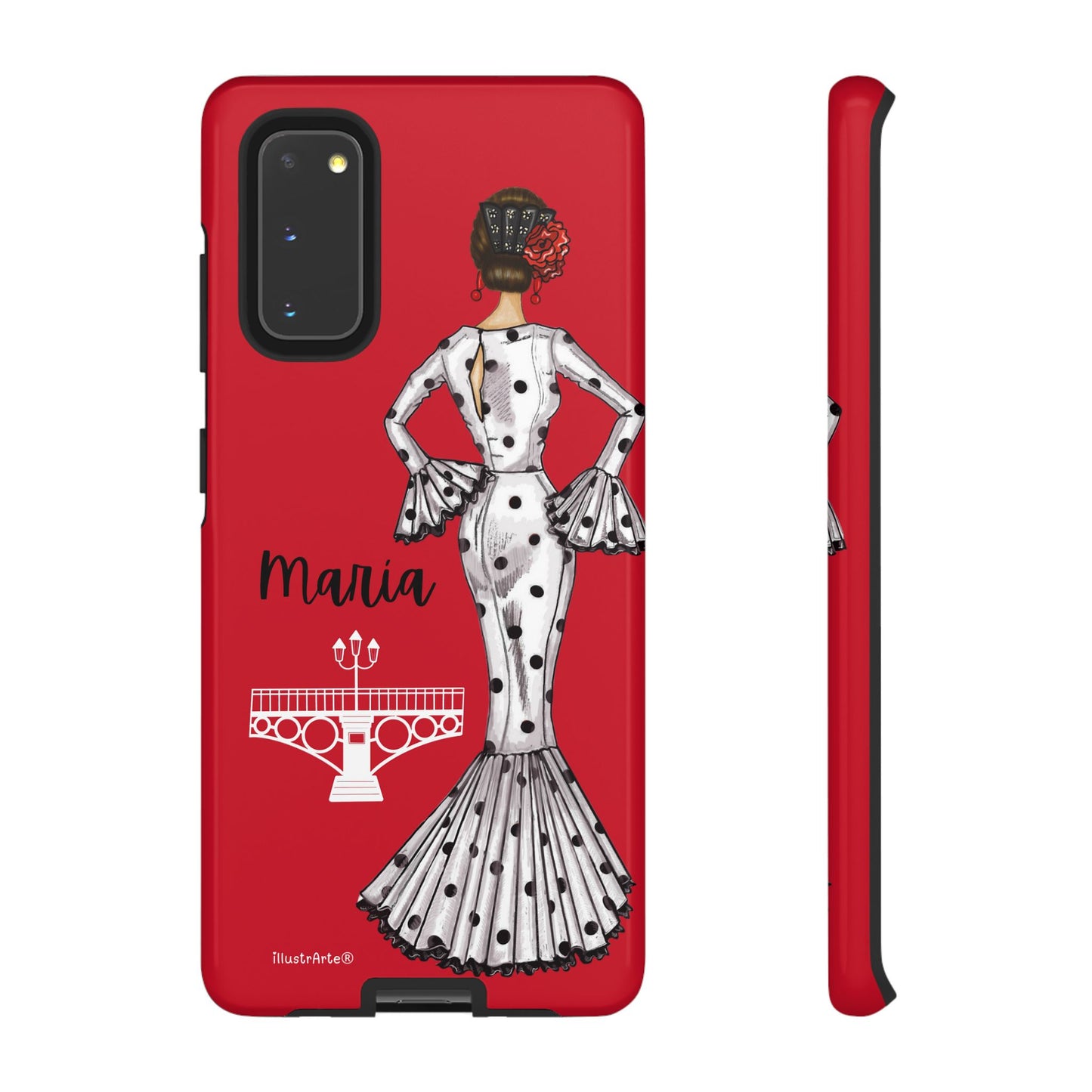 Funda de teléfono personalizable, diseño de flamenca María y Puente de Triana, ideal para iPhone y Samsung.