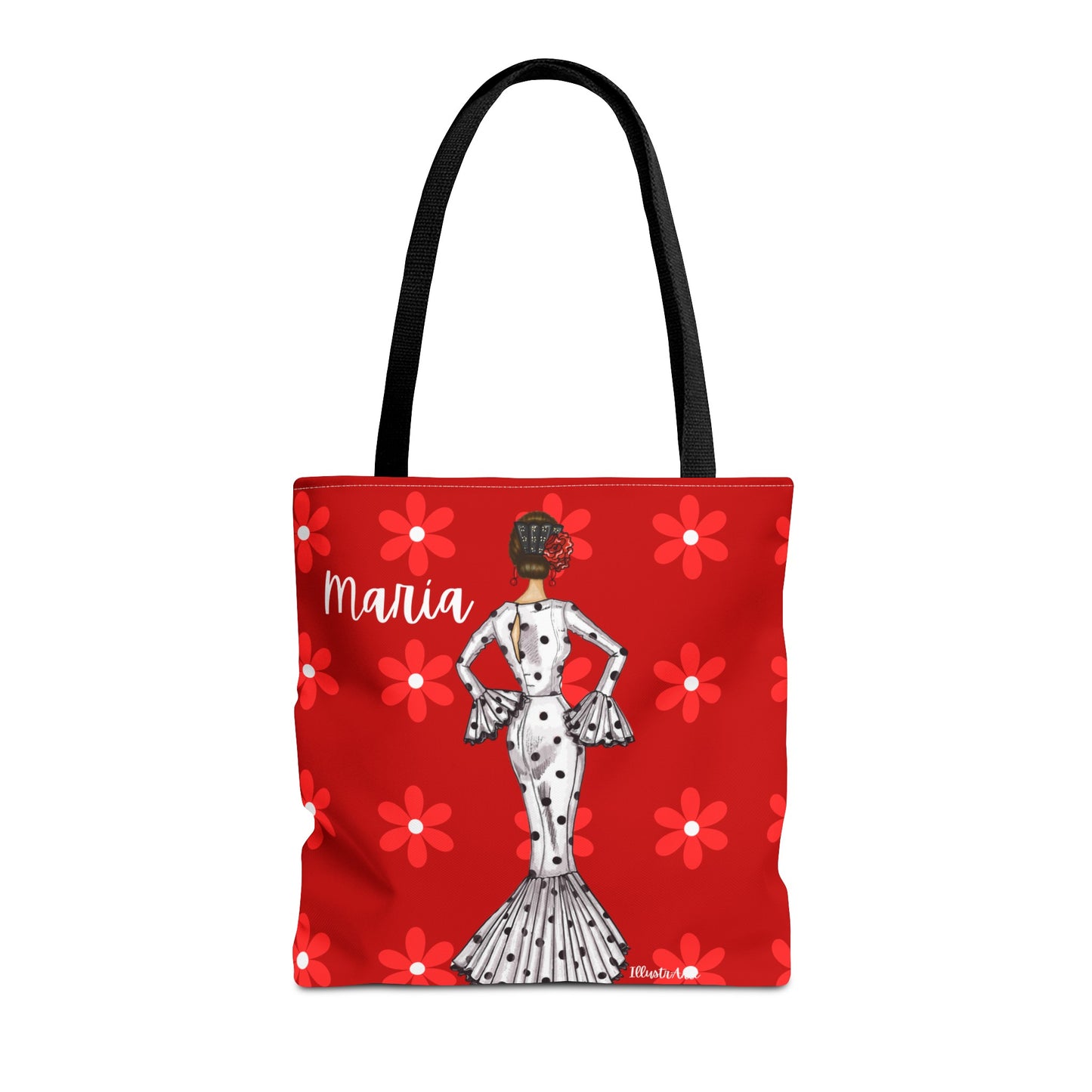 a red tote bag with a picture of a woman on it