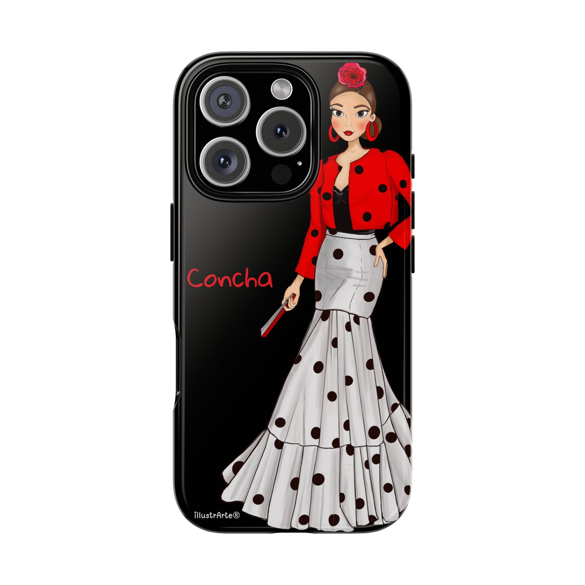 Funda de teléfono personalizable atractiva - Modelo Conchita sobre fondo oscuro.