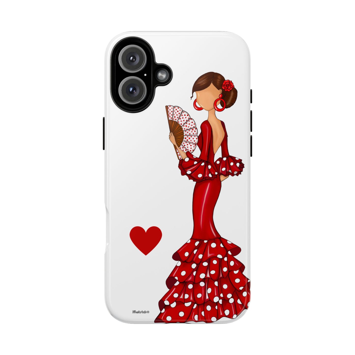 una funda de teléfono con una mujer en un vestido rojo