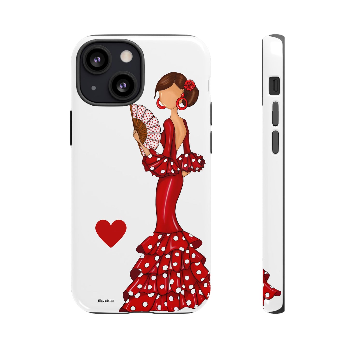 una funda de teléfono con una dama en un vestido rojo sosteniendo un abanico