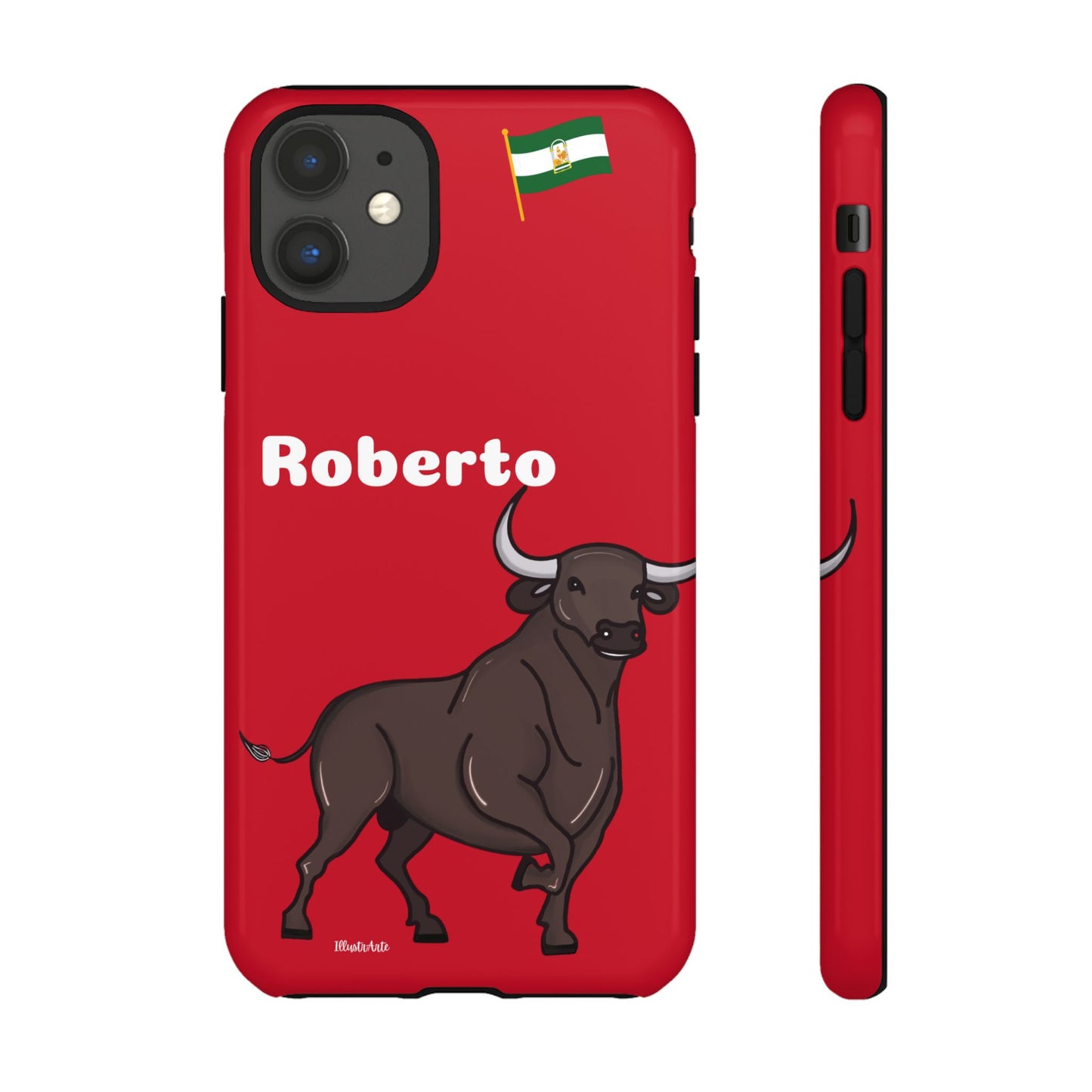 una funda de teléfono roja con un toro en ella