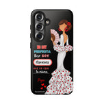 Personalised phone case flamenco dancer Pepa, white dress, with quote for Samsung Galaxy S25, gloss finish – illustrArte