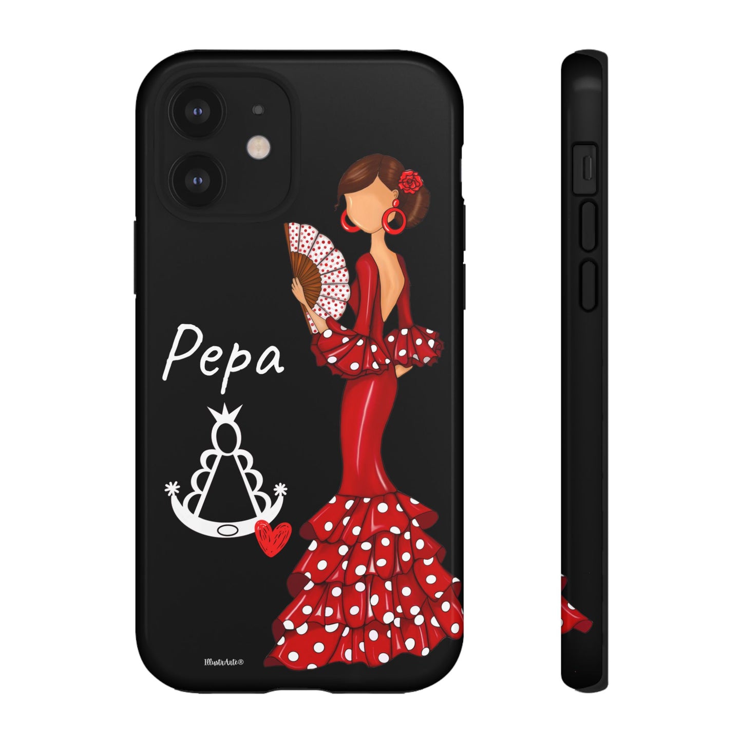 una funda de teléfono con una mujer en un vestido rojo