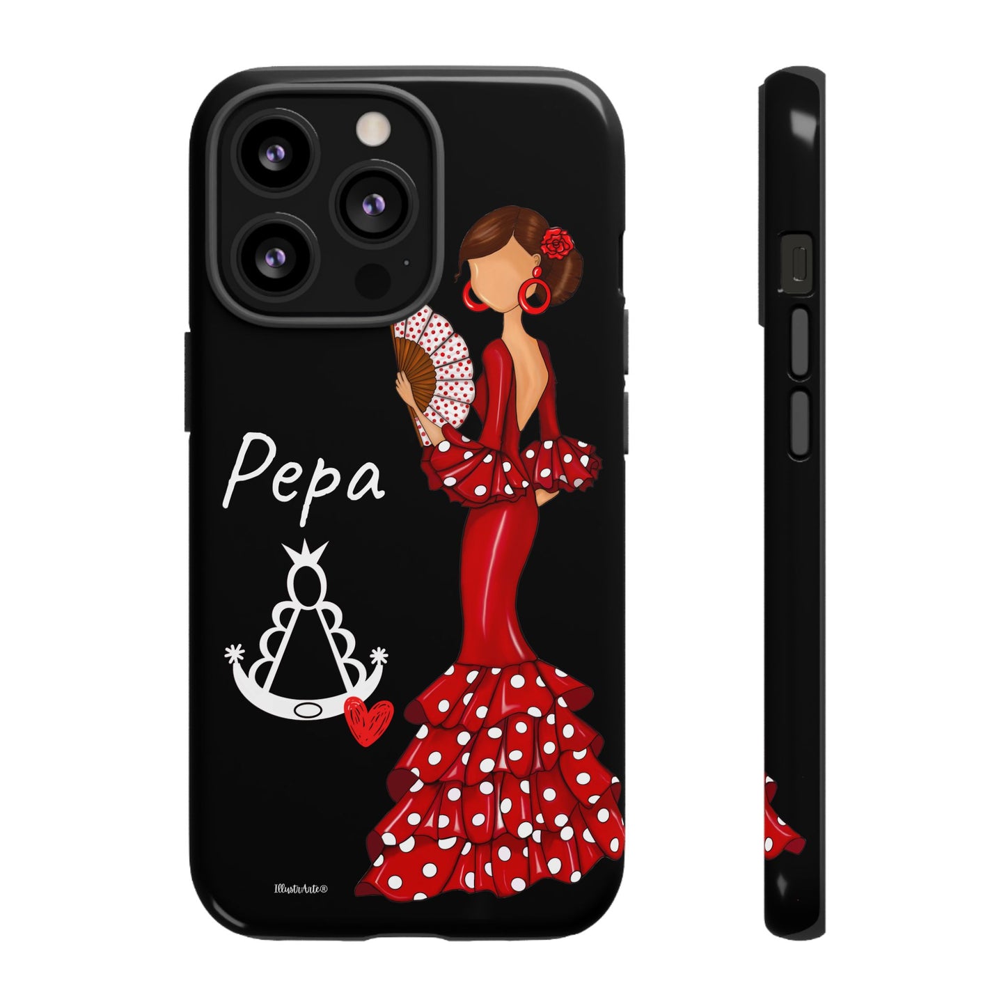 una funda de teléfono con una mujer en un vestido rojo