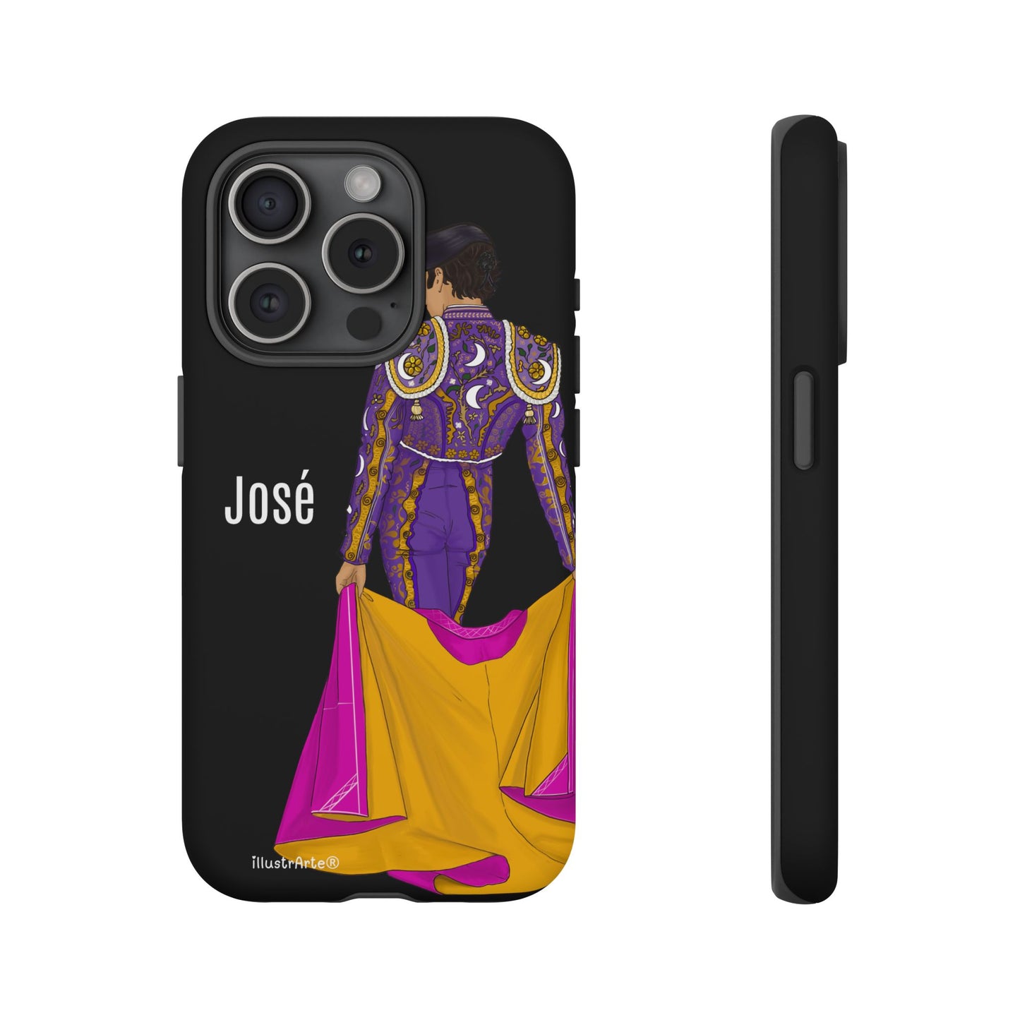Personalized phone case featuring bullfighter José on a green background – for iPhone, Samsung, Pixel
