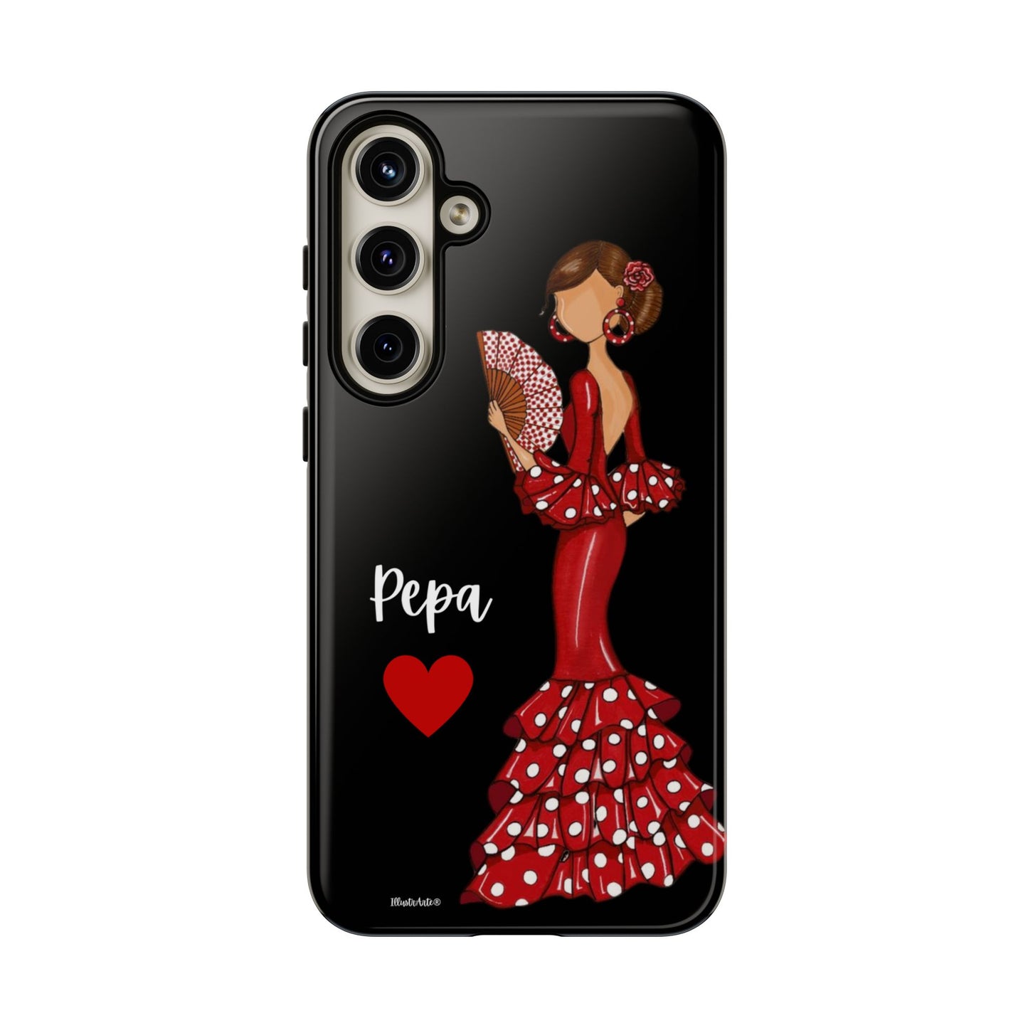 una funda de teléfono con una mujer en un vestido rojo