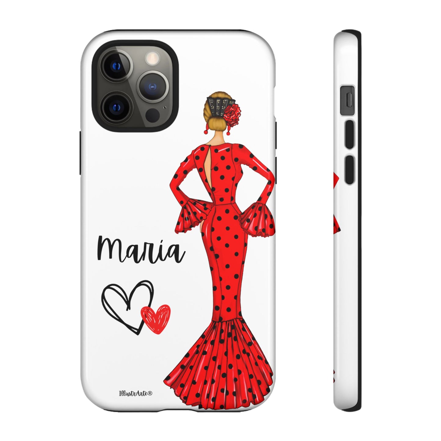 una funda de teléfono con una mujer en un vestido rojo