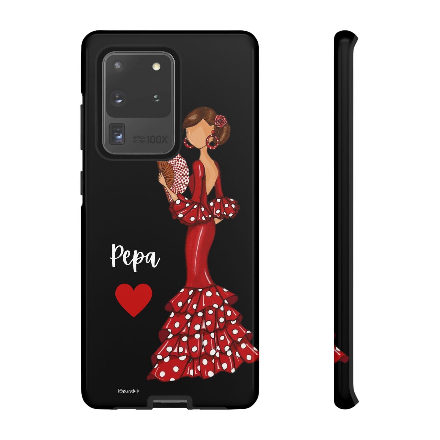 una funda de teléfono con una mujer en un vestido rojo