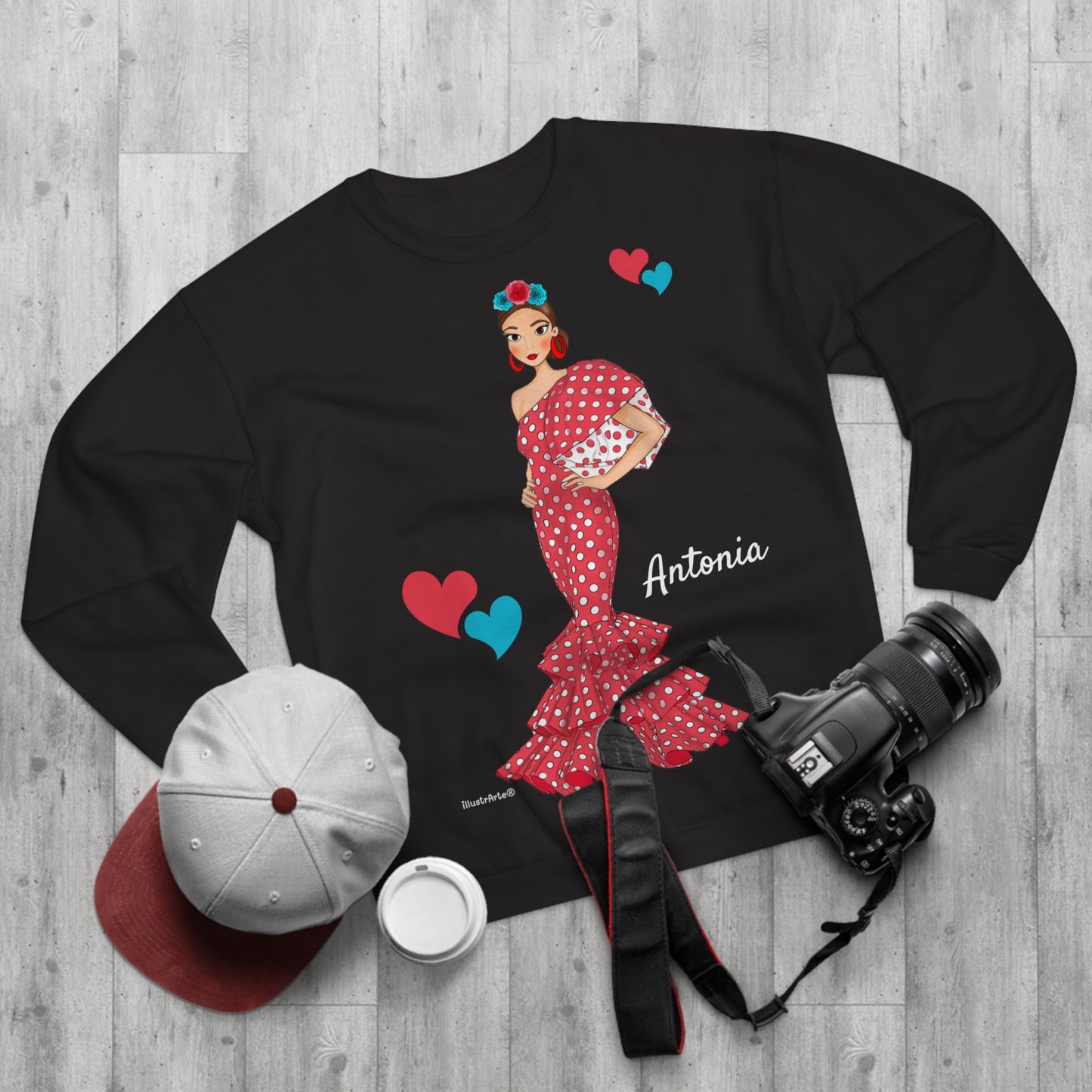 Sudadera Personalizable  - Flamenca Antonia, fondo negro - Arte, color y comodidad en una sola prenda