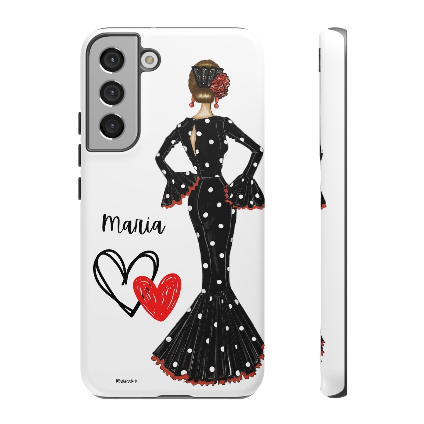 una funda para teléfono con una mujer en un vestido negro