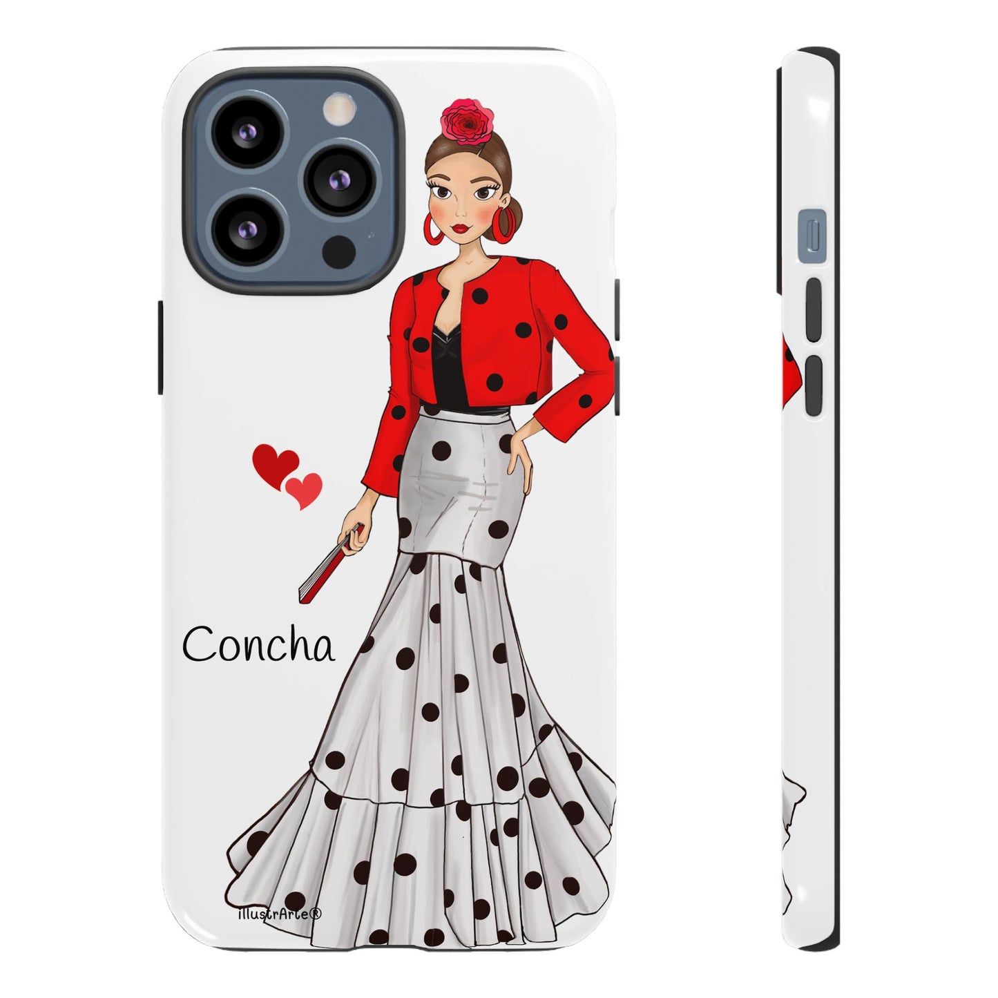 Funda de teléfono personalizable modelo Conchita con nombre y bandera, vista lateral resaltando su estética.